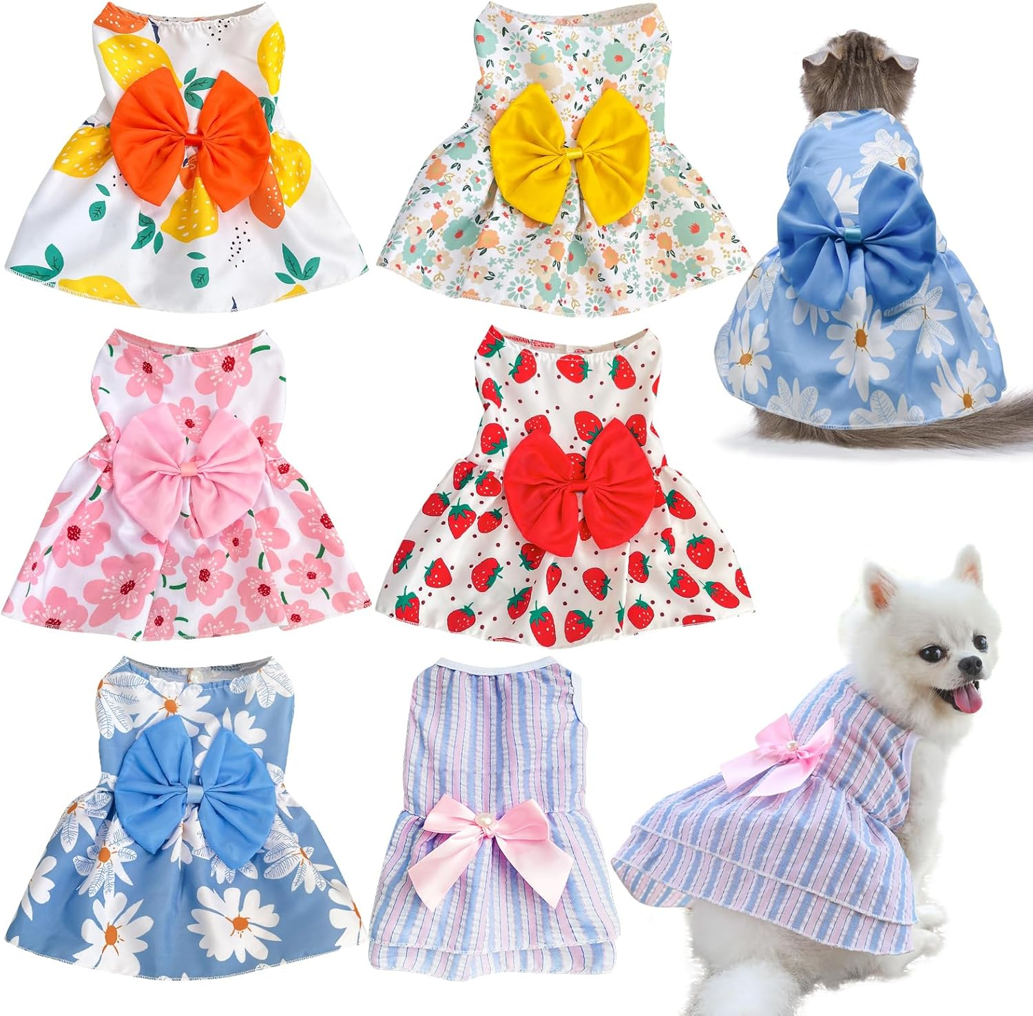 KATOLK 6 Pieces Dog Dresses for Small Dogs Girls, Cute Princess Puppy Kitten Dog Dresses with Flowers and Bowknot for Pet Cats, Small Dogs' Outfits Female Pet Skirts Clothes for Chihuahua Yorkies