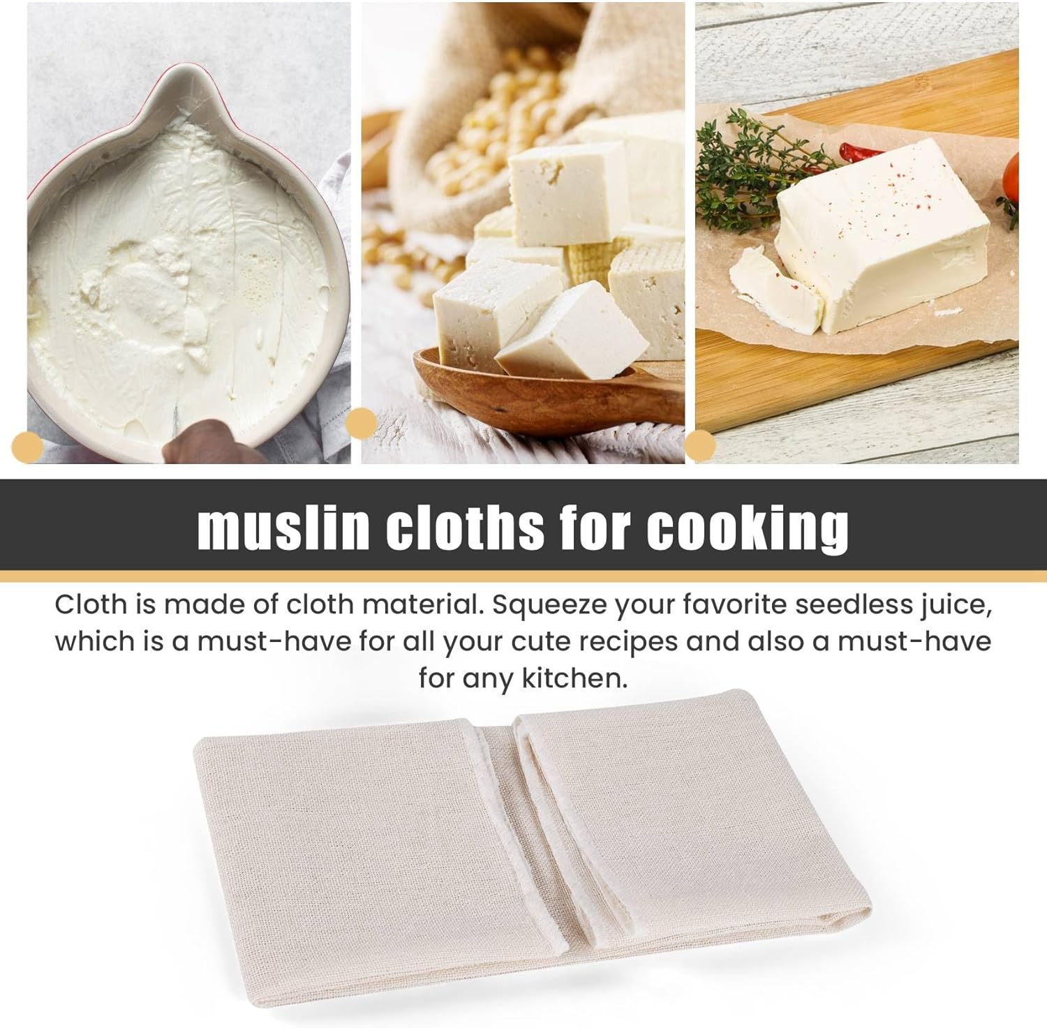 Muslin Cloths for Cooking, Pack of 5 (50X50CM), Unbleached, Cotton Reusable and Washable Cheese Cloths for Straining