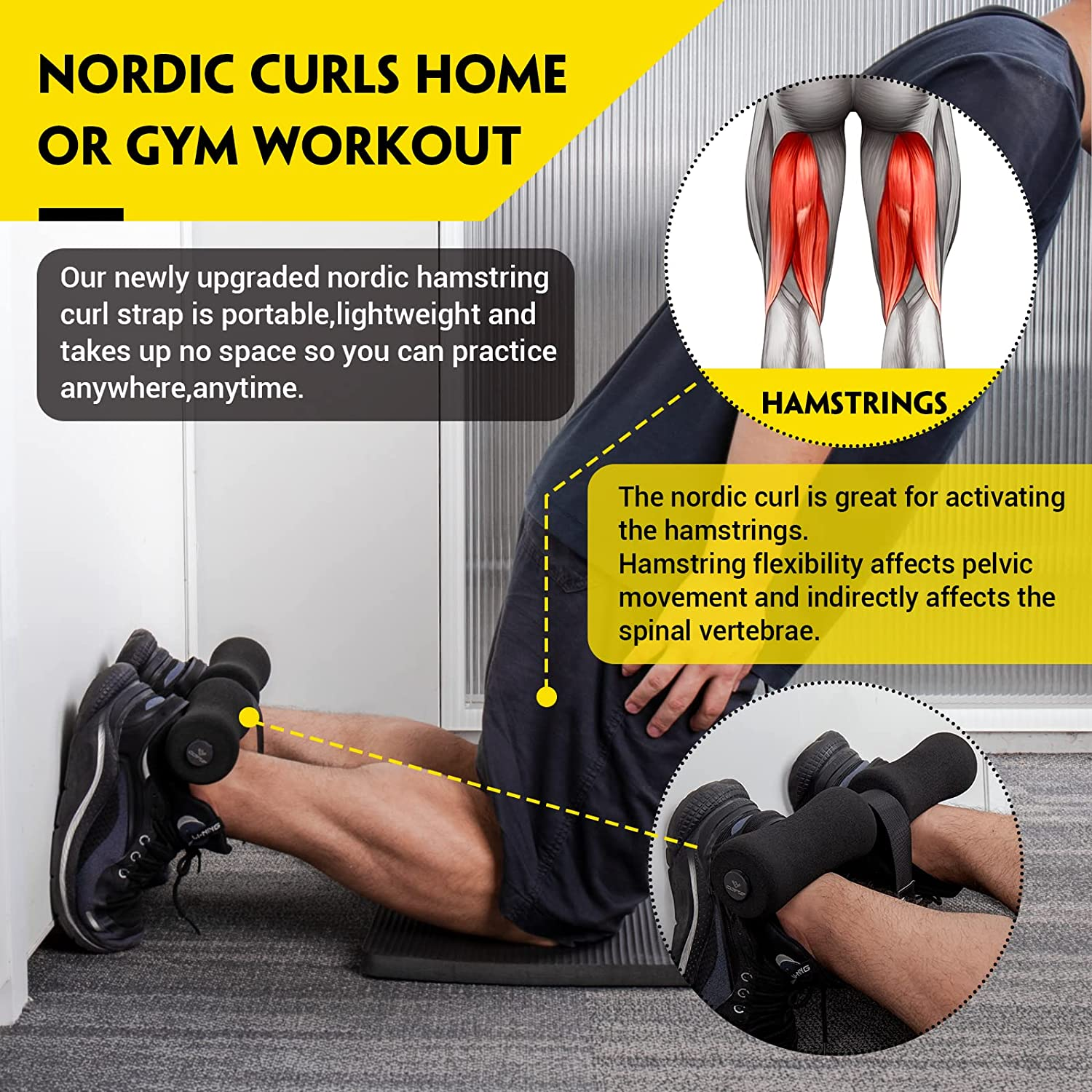 Nordic Hamstring Curl Strap, Nordic Curl Strap Holds 420 Pounds Great for Hamstring Curls, Sit-Ups, Spanish Squats, Ab Workout, 5 Second Setup Nordic Curl Strap Home Fitness Equipment image number 4