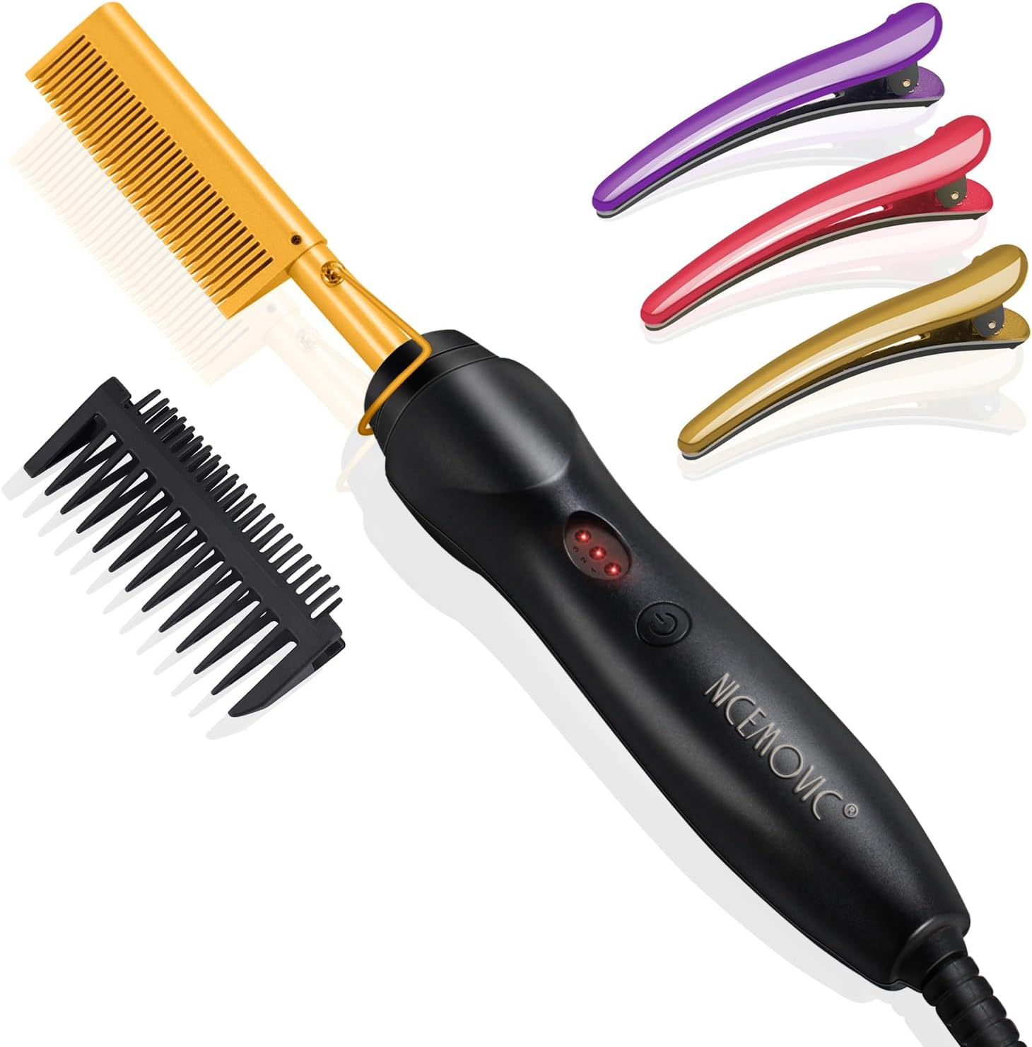 NICEMOVIC Ceramic Heating Hair Straightener Comb - Hot Pressing Brush for Natural Black Hair, Beard Wigs, and Curling (Gold)