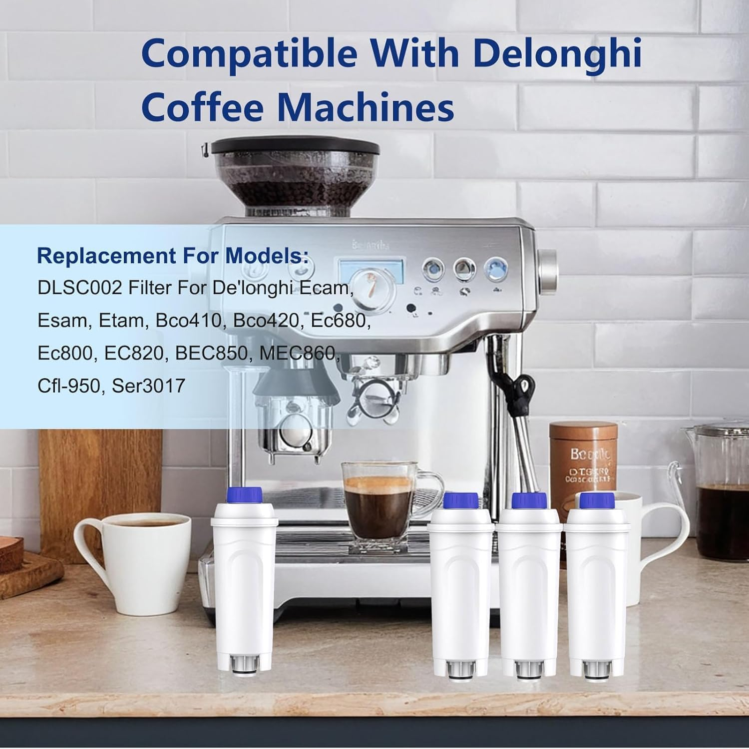 4 Pcs Replacement Water Filter for Delonghi Coffee Machine, DSLC002 Filter for De'Longhi Magnifica Evo, Dinamica, Eletta, ECAM, Esam, ETAM, Bco410/420, Ec680/800 image number 3