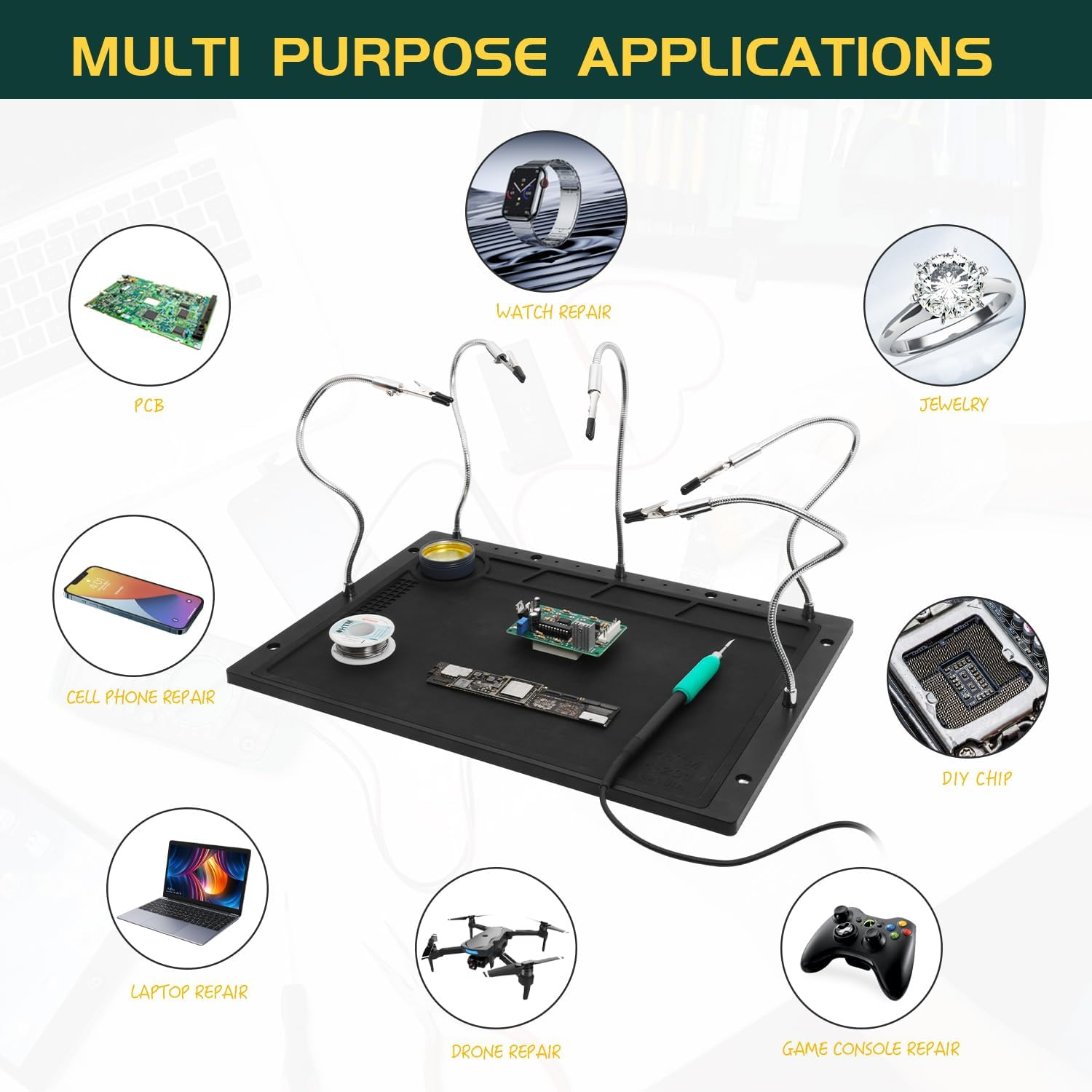 Kaisi Soldering Station Helping Hands with Soldering Mat, 5 Flexible Arms Third Hand Tool Heat-Resistant Silicone Solder Mat Base Soldering Kit Helping Hands for Soldering Repair Hobby Crafts Jewelry image number 3