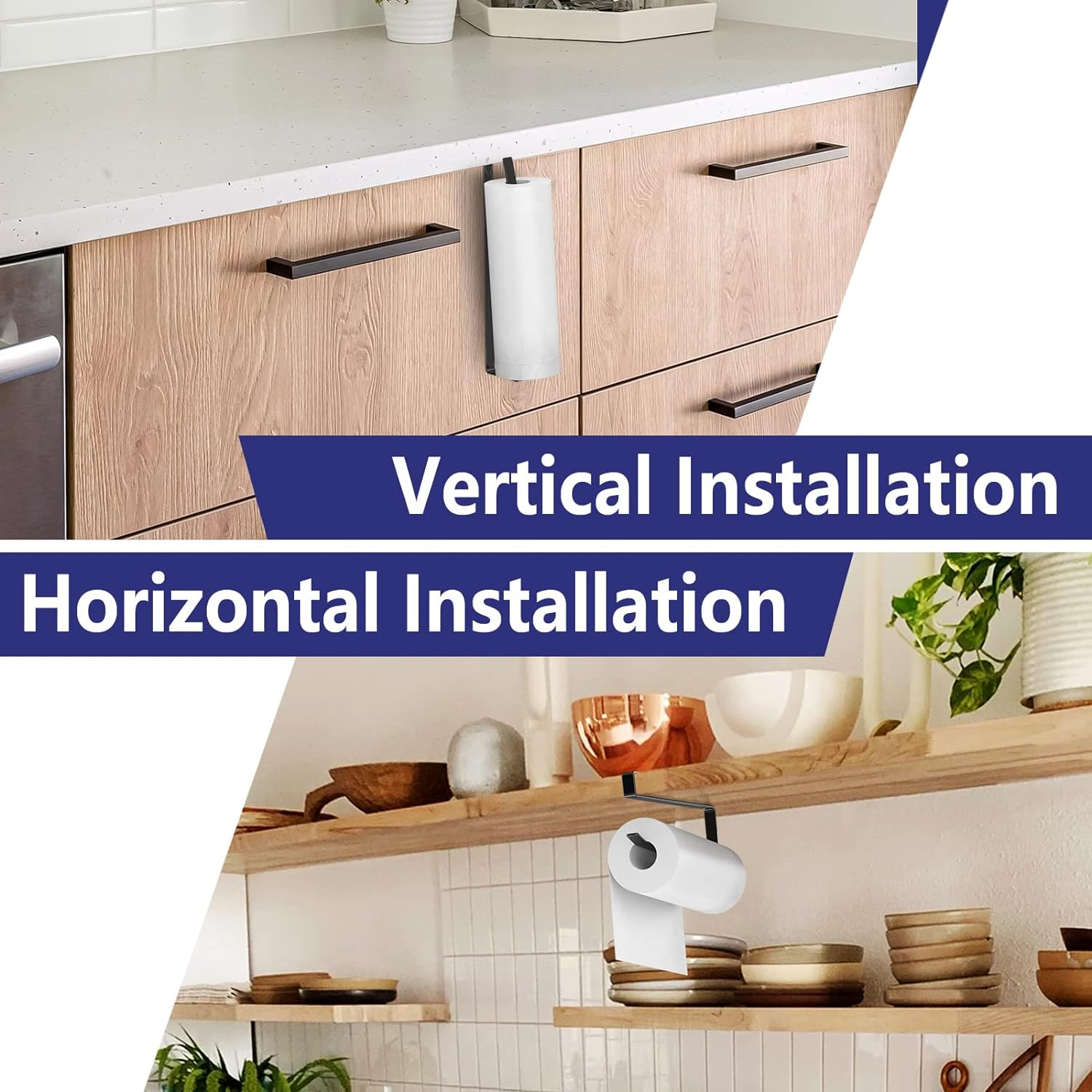 Paper Roll Holder, KIKISML 2 Pack Paper Towel Holder Cabinet Hanging Kitchen Roll Hanger Dispenser Storage Rack Towel Necktie Bedroom Toilet Organization Storage [No Drilling No Tool Required], Black image number 3