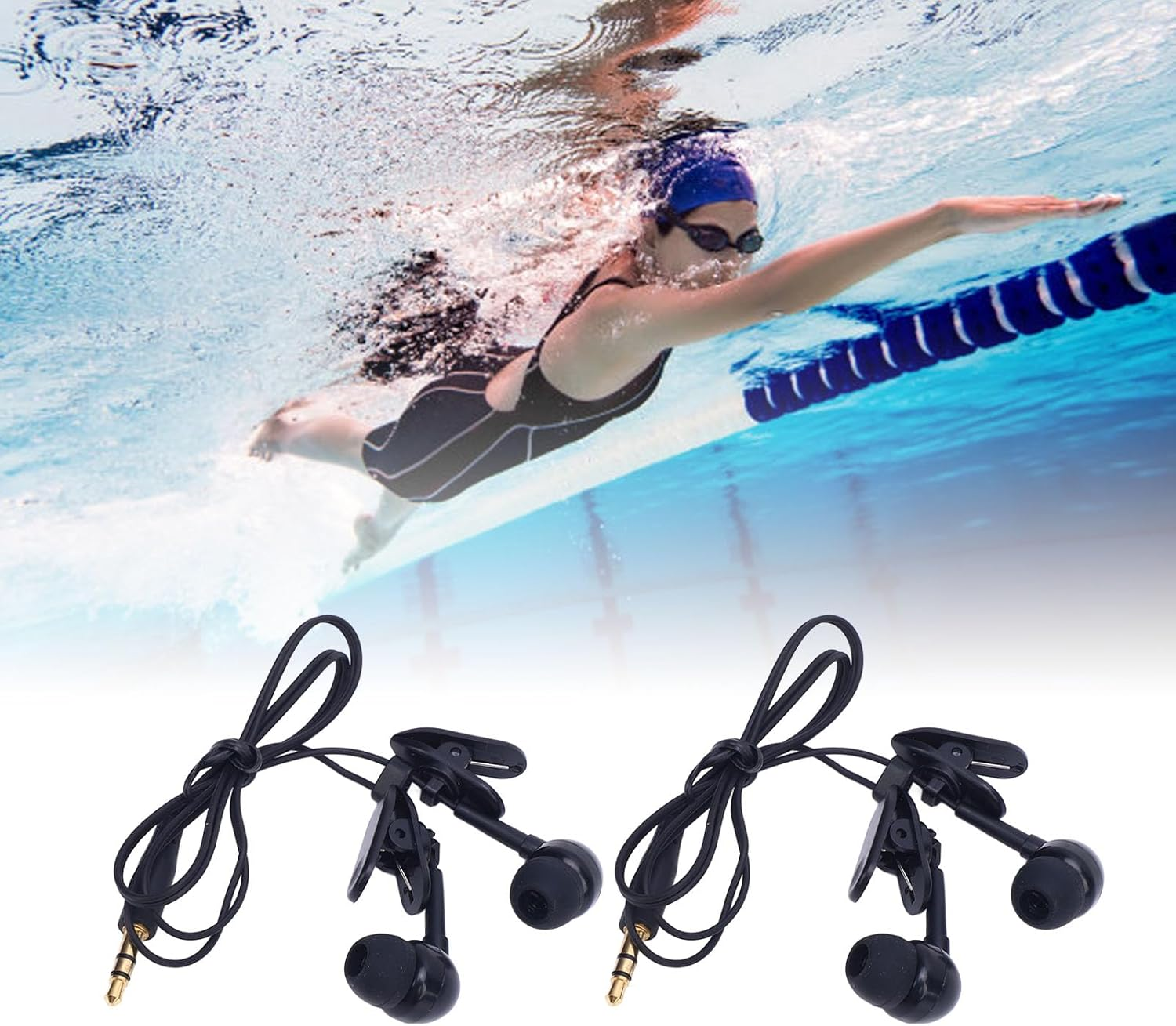 IP68 Waterproof Swimming Headphones with 3.5Mm Jack - 3.6M Underwater Headphones for Lap Swim, Surfing, 40Cm Short Cord with 2 Clips & 4 Size Earbuds