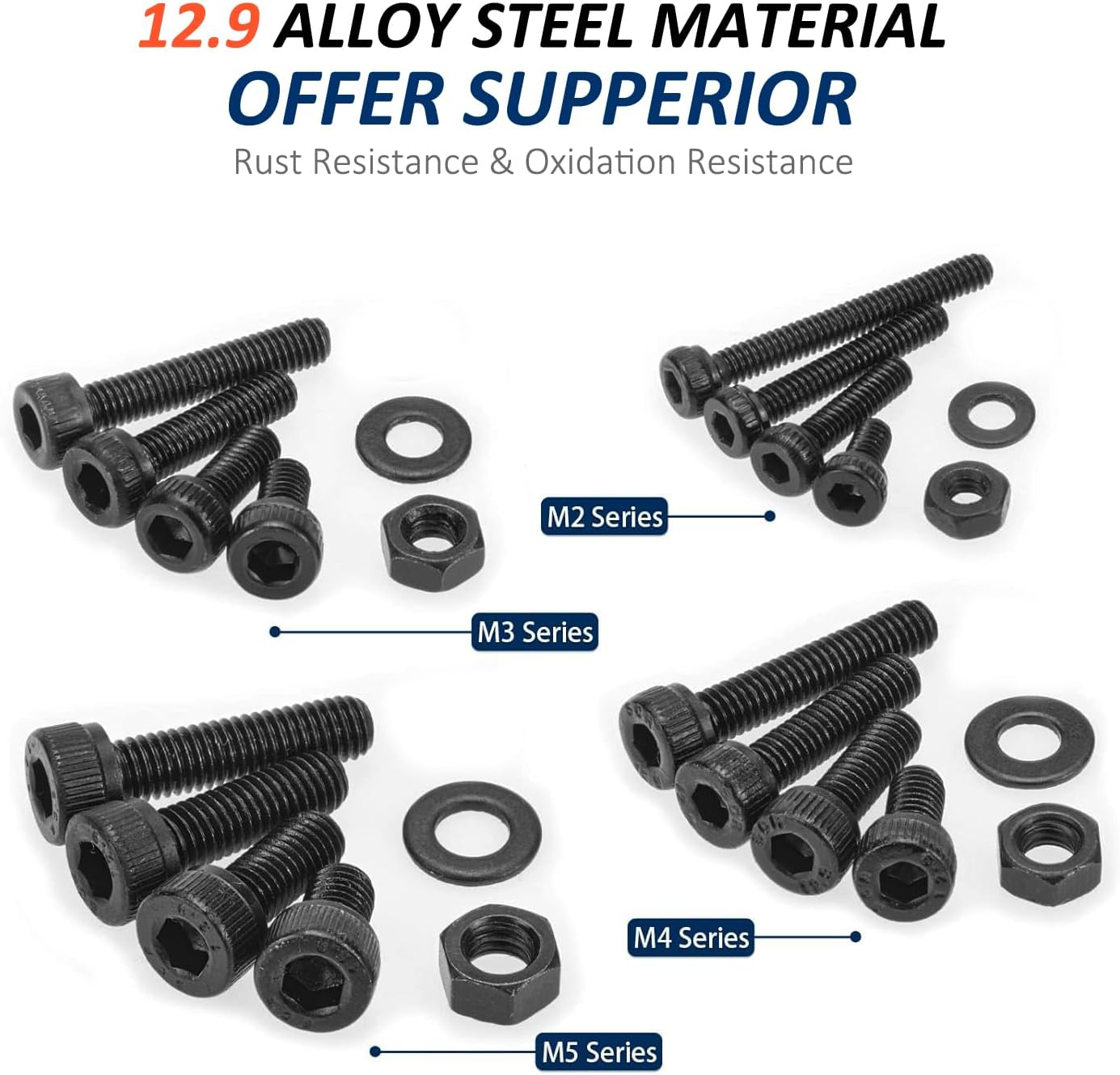 Fullfun 1060PCS M2 M3 M4 M5 Hex Socket Head Cap Screw Bolts Nuts Assortment Kit, 12.9 Grade Alloy Steel Metric Screws with 4PCS Allen Wrenches, Allen Socket Hex Drive Black Machine Screws Set image number 3