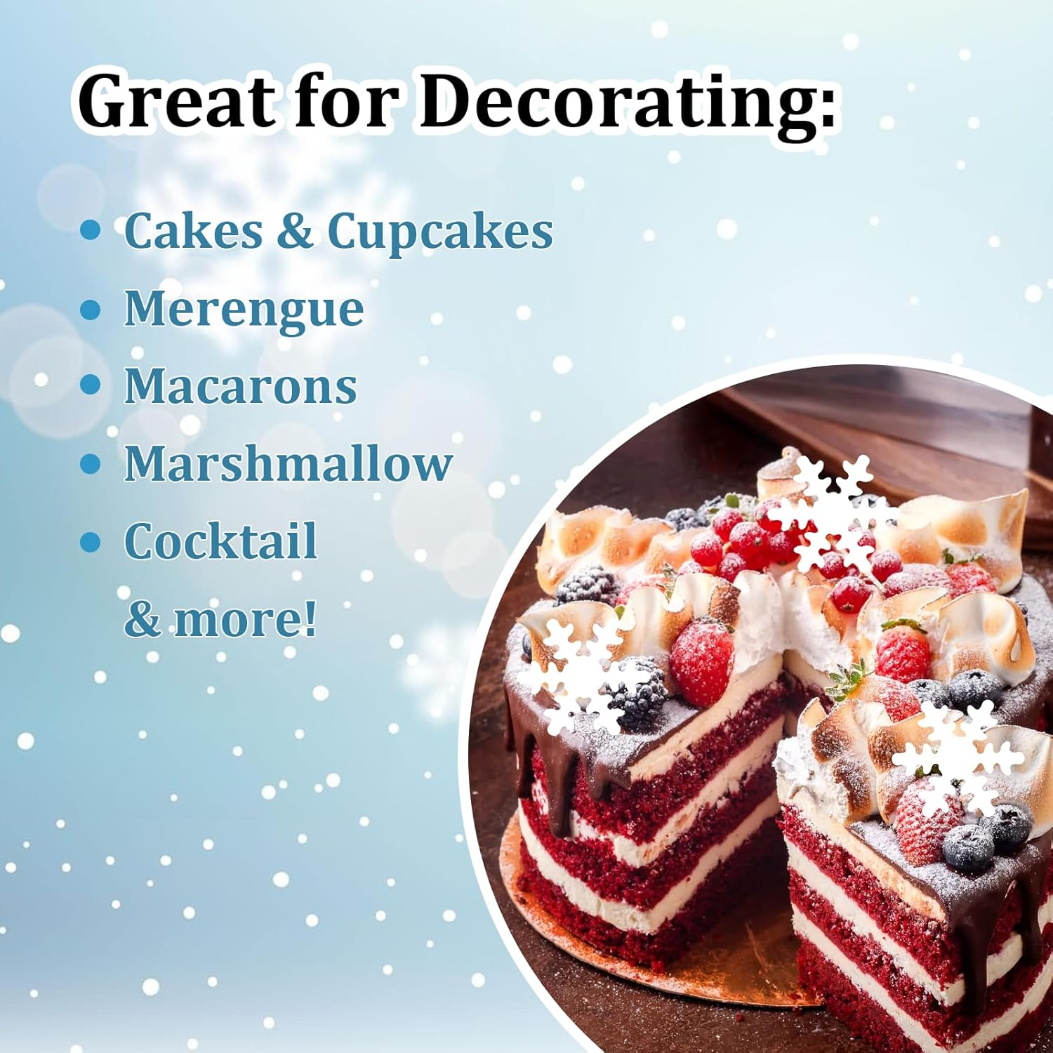 Giantree 50 Pcs Edible Snowflakes Cake Toppers, White Edible Snowflakes Cupcake Toppers, Wafer Paper Snowflake Cake Sprinkles for Christmas Winter Holiday Frozen Theme Party Supplies(White) image number 2