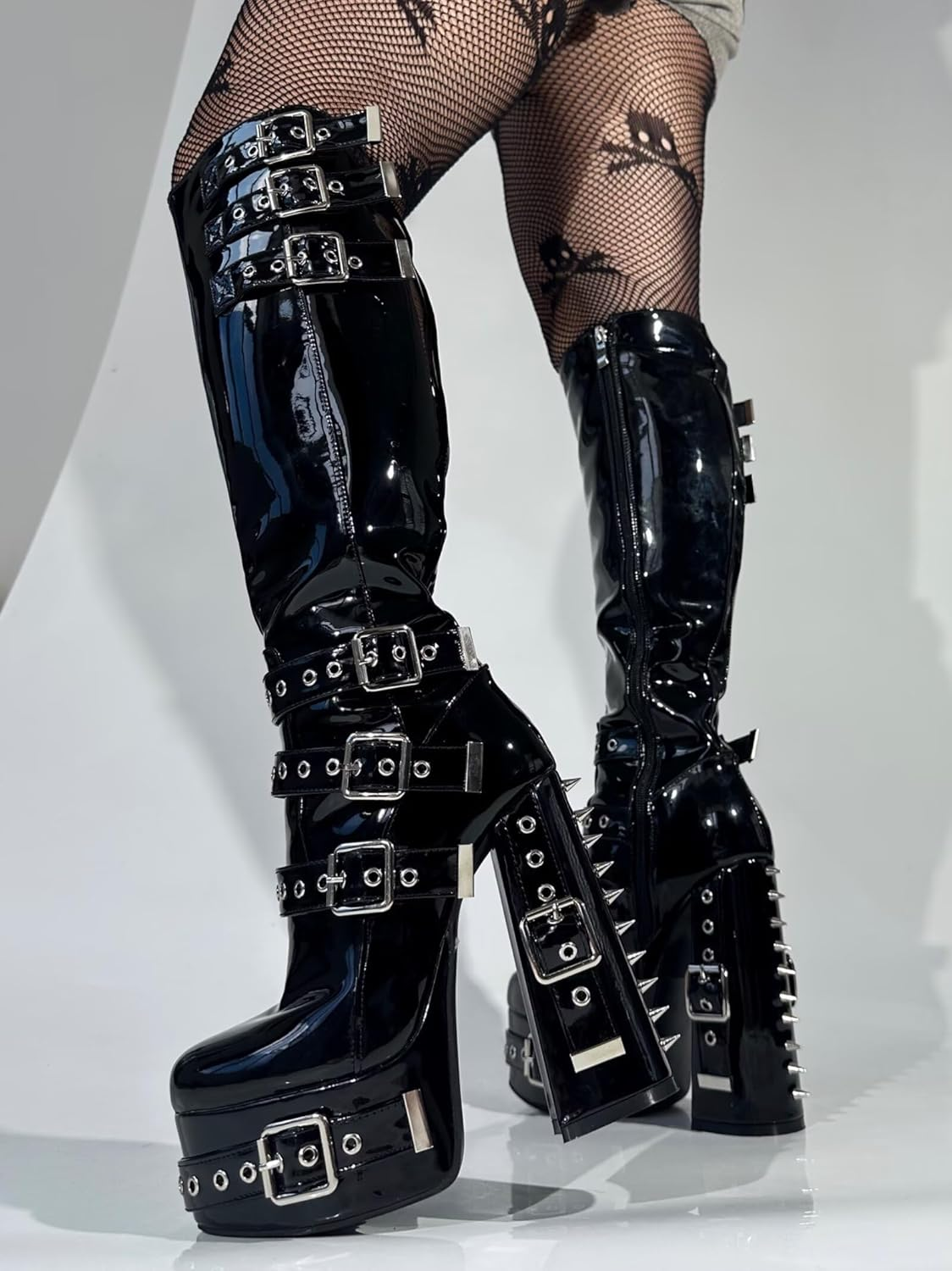 Frankie Hsu Goth Sexy Chunky Platform Knee High Heeled Boots, Black Patent Silver Rivets Multi Buckle Gothic, Punk Y2K Hot Girl Big Large Size Wide Calf Shoes for Women Men image number 6
