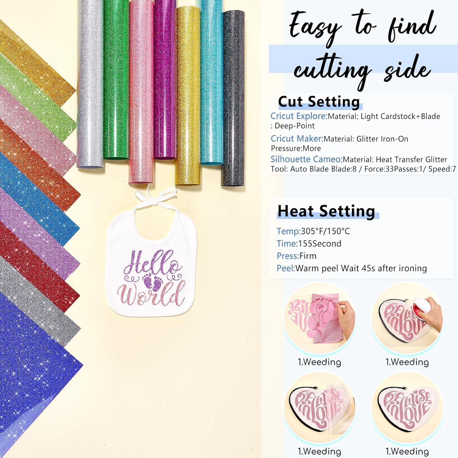 Tintnut Glitter HTV Heat Transfer Vinyl - 16 Sheets 12"X12" Colorful Glitter Heat Transfer Vinyl Shinny Glitter Iron on Vinyl for T-Shirts Glitter HTV image number 3