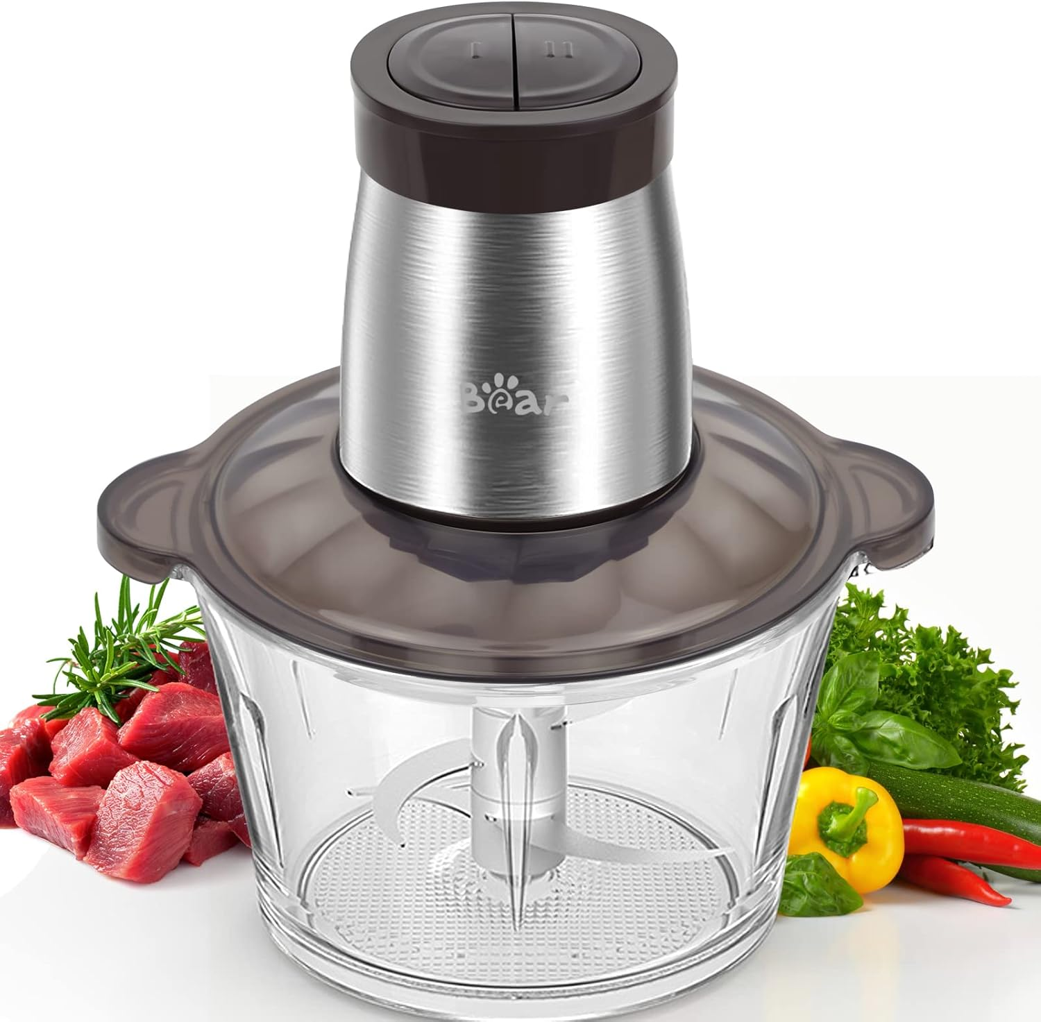 Bear 2L Food Processors 300W Electric Vegetable Chopper Glass Container with 4-304 Stainless Steel Knife for Meat, Smoothie, Onions, Fruit, Vegetables