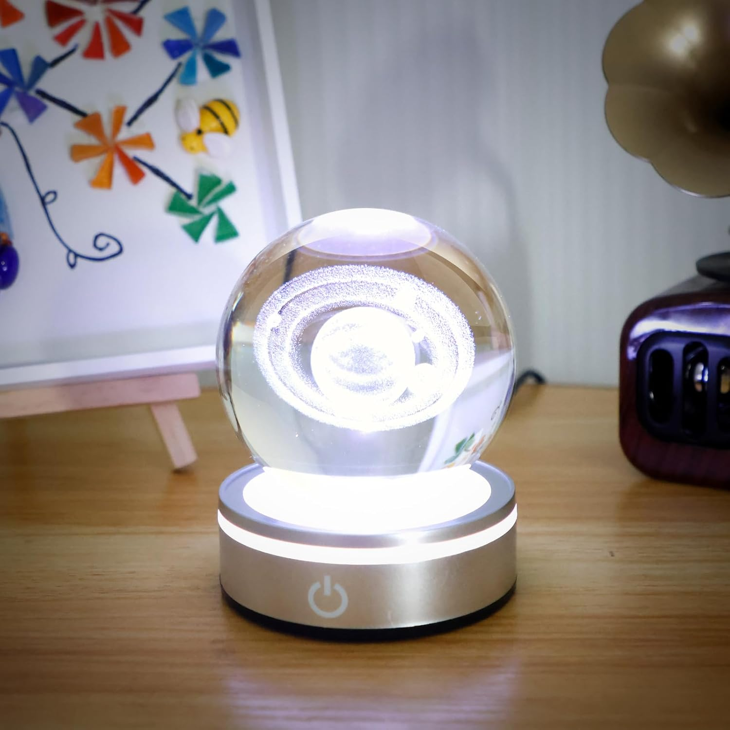 Crystal Ball Night Light, 3D Engraved Space Crystal Ball with Colorful Light Base, Portable Crystal Ball Night Lamp, Decorative Galaxy Globe Lamp, Crystal Display Sculpture for Home Decor (Saturn) image number 2