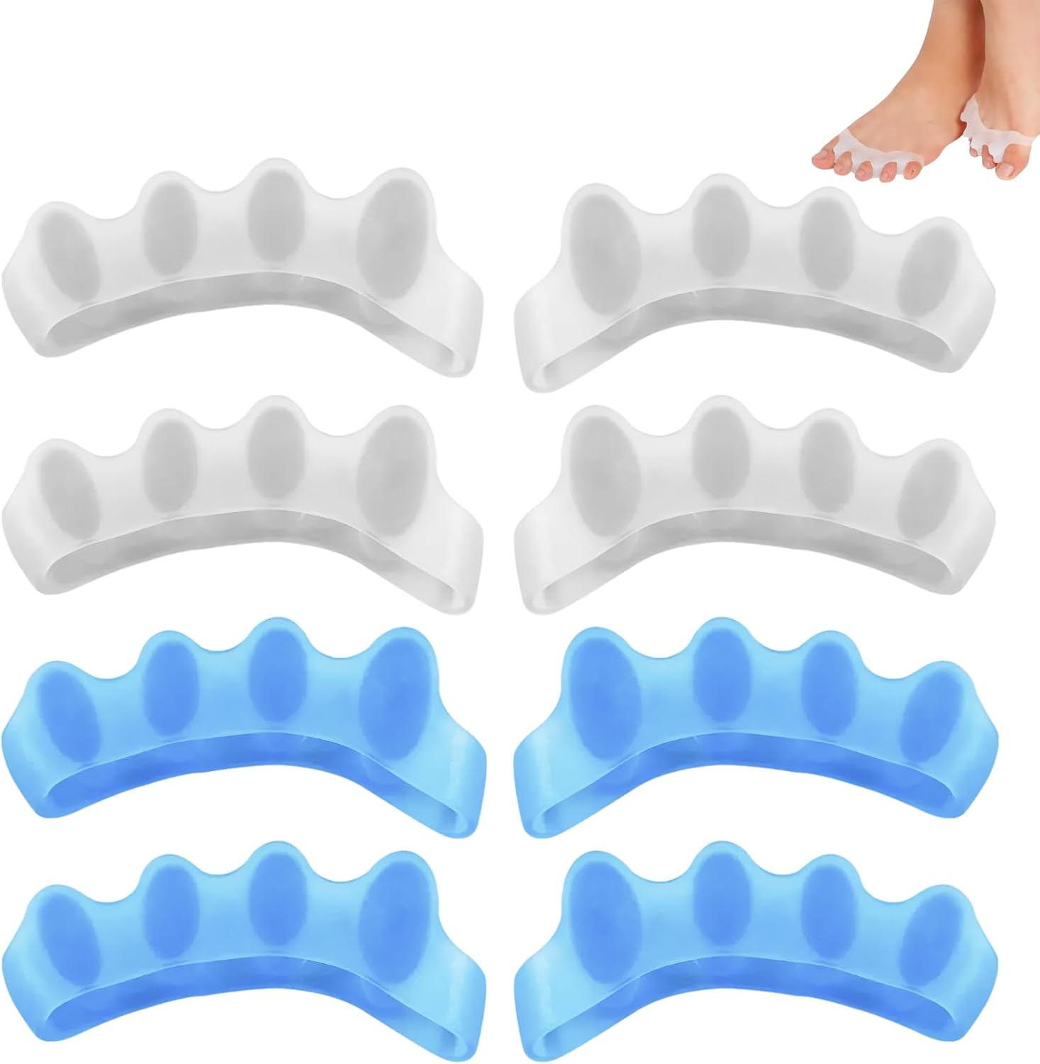 Toe Separators and Spacers, 4 Pairs of Soft Gel Toe Spreaders for Bunion Correction and Foot Pain Relief, Toe Stretchers Suitable for Men and Women, Ideal for Hammer Toes, and Claw Toes, Blue/White image number 5