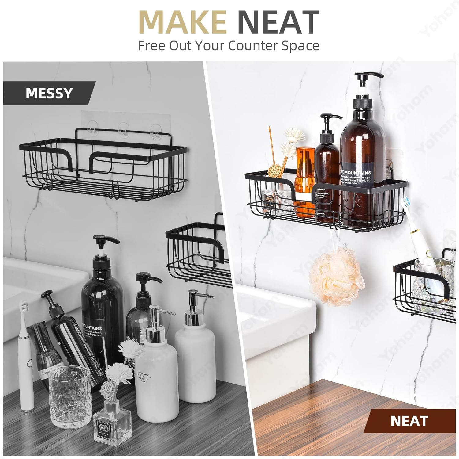 YOHOM Shower Caddy Basket Bathroom Shelves Organiser Storage Adhesive Kitchen Rack Shampoo Shower Gel Holder Wall with Hooks for Razor and Sponge Stainless Steel No Drilling Black 2Pcs image number 6