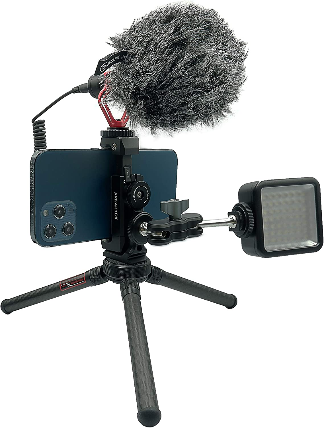 Metal Tripod Mount for Mobile Phones with Cold Shoe, 360 Degree Rotation, Compatible with Iphone 11 12 Pro Max, Smartphone Holder, Black, 1/4 Inch Thread Mount, 3/8 Inch Ports, Camera Support image number 3