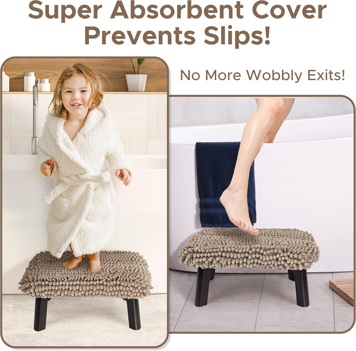 Sunlit One Step Stool with Absorbent Chenille, Stool Holds up to 550 Lbs, Non-Slip Wood Foot Stool, Wooden Step Stool for Adults, Step Stools for Kids, Kitchen Bathroom Bedroom, Taupe