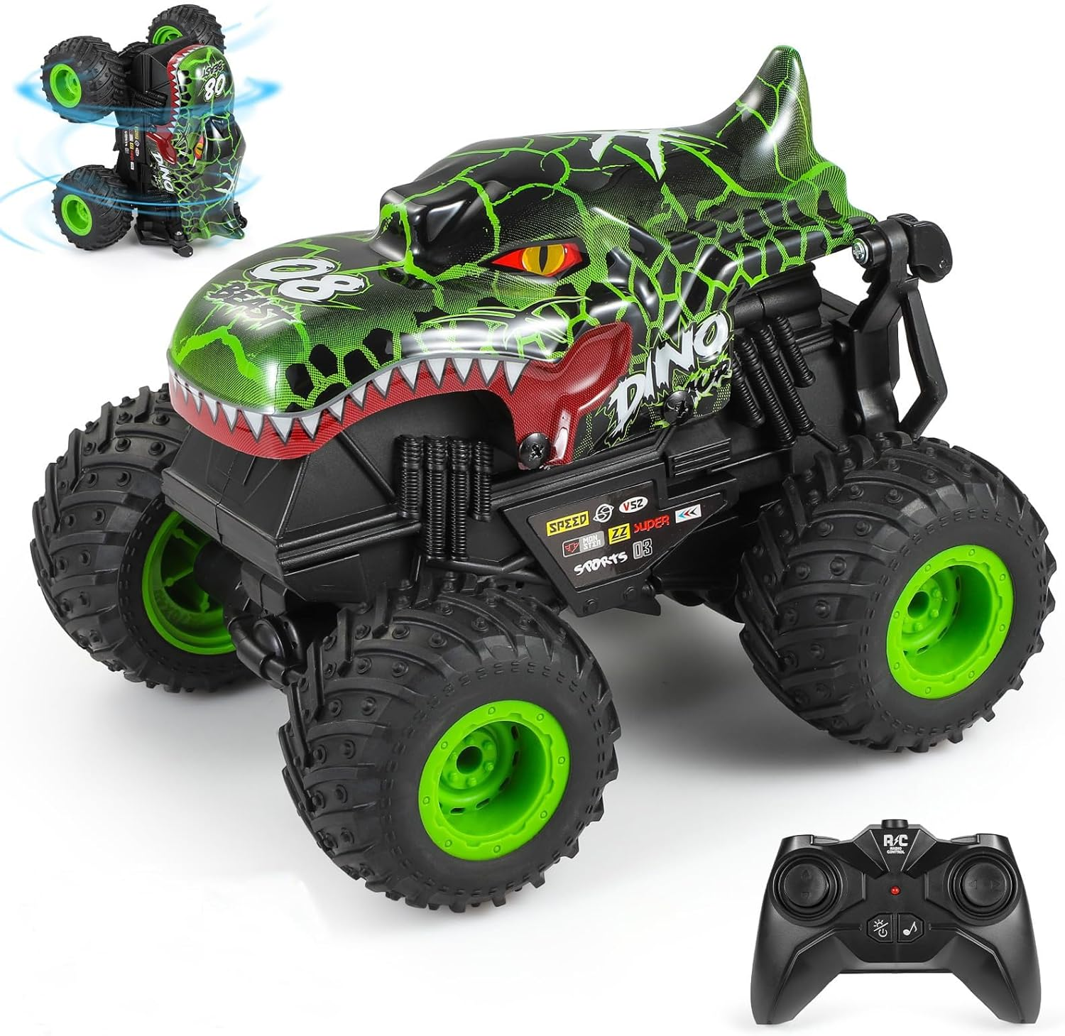 Remote Control Car, 2.4Ghz All Terrain Dinosaur Monster Truck Toys, RC Truck with Music, 3 Lighting Effects, 360 Stunt Capable, All Included Ready to Run, Toy Gifts for Boys and Girls (Cyan)