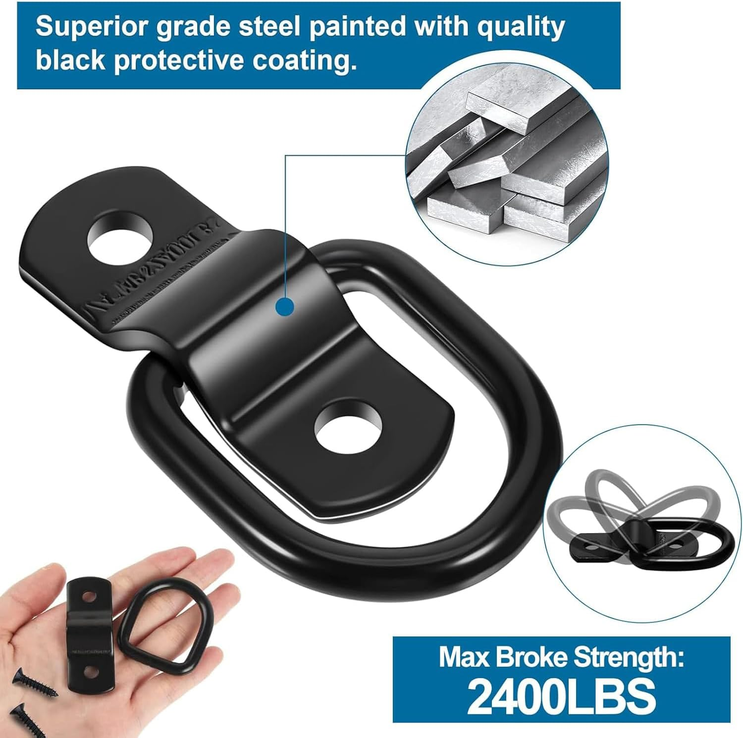 Xinghonyac 6 Pcs Heavy Duty Steel D Rings Tie down Anchors, 1/4" D Lashing Ring Cargo Tie down Anchors, 2400 Pound Capacity D Rings Heavy Duty Trailer Tie Downs for Trucks RV Camper Van Boats image number 4