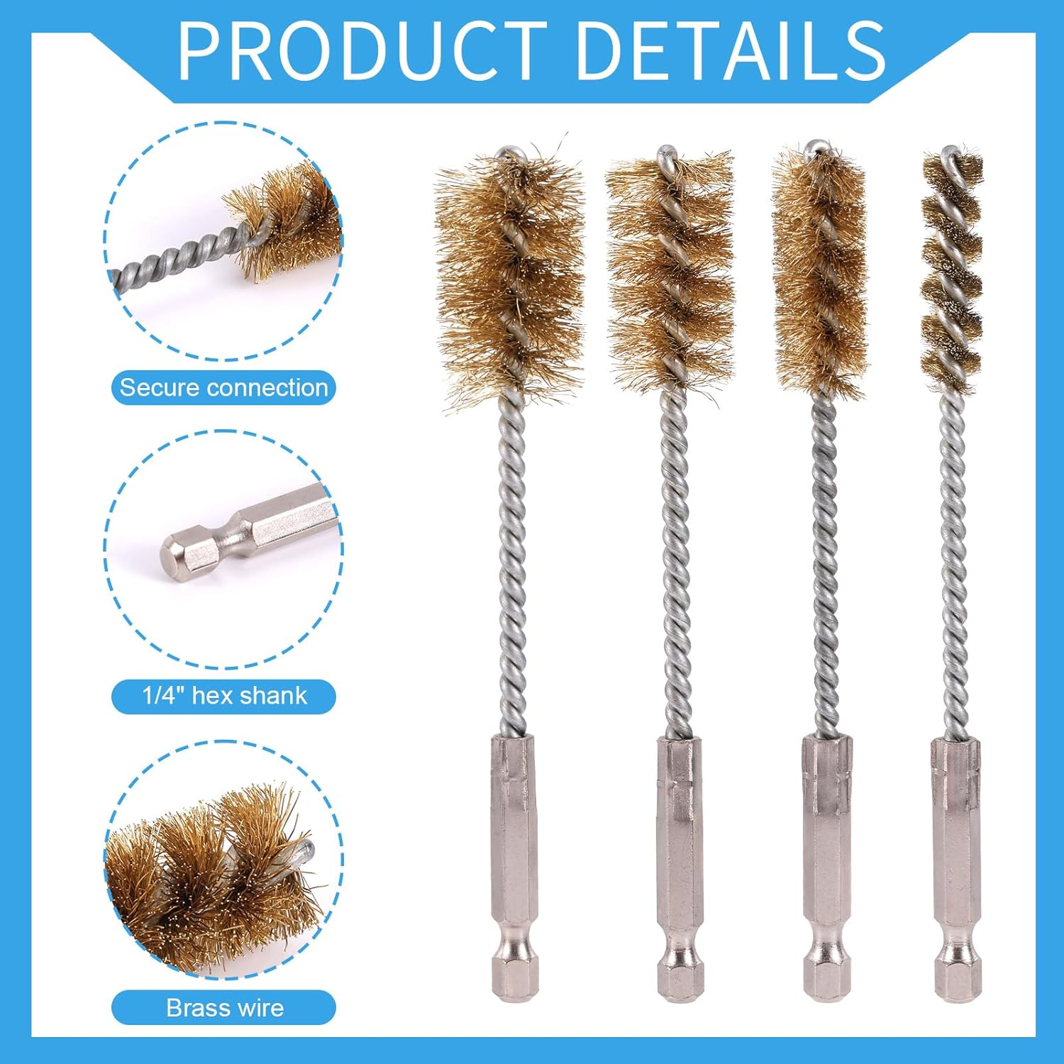 8Pcs Bore Brush for Drill, Brass & Stainless Steel Wire Brushes with 1/4" Hex Shank Twisted Wire Cleaning Tools for Power Drill Impact Driver & Tube Cleaning, 3/8'' 1/2'' 3/4'' 7/8'' Diameter image number 4