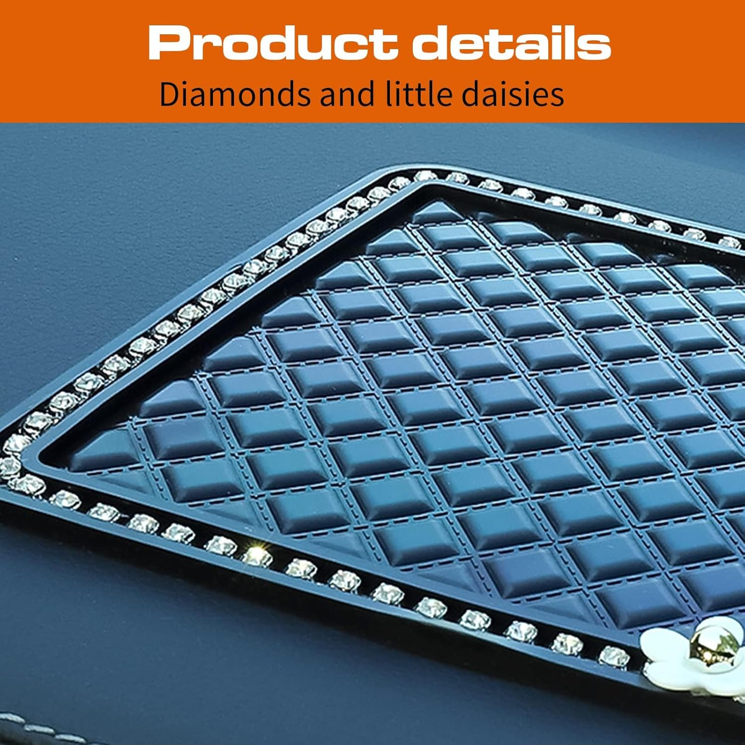 Pack-1 Car Dashboard Phone Anti-Slip Mat, 11.8In X 5.7In Adhesive Grip Pad, Fits for Radar Detector, Cell Phone, Keys, Glass, Mirrors, GPS, Coins, Washable (Black Little Daisy Diamonds) image number 4