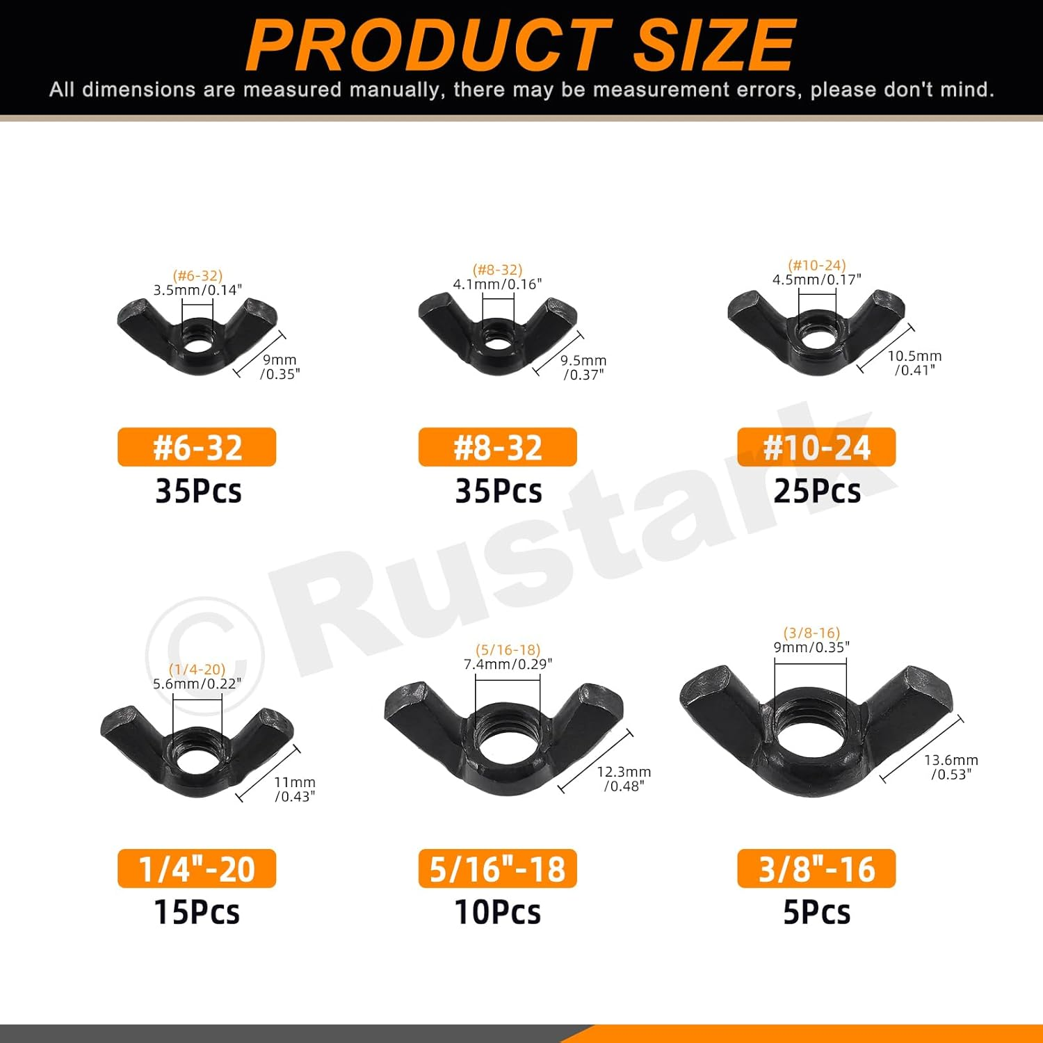 Rustark 125Pcs 6 Sizes Black SAE Zinc Plated Butterfly Wing Nuts Assortment Kit Butterfly Wingnuts Carbon Steel Wing Nuts Hand Twist Secure Fasteners for Industrial Machine image number 3