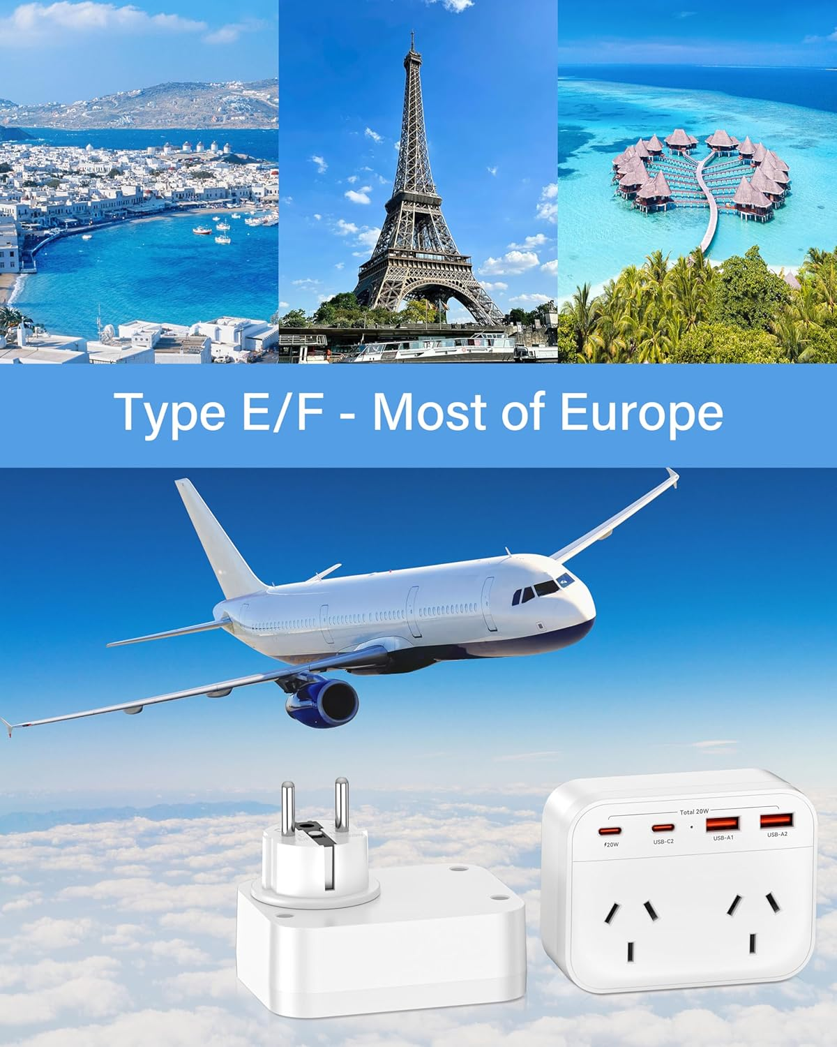 Dawntress Australia to Europe Travel Adapter - EU Travel Adapter with 4 USB Charger, USB-C Outlet Adaptor Power Point，European Travel Adapter for Bali Spain Germany France Portugal Greece Netherlands image number 5
