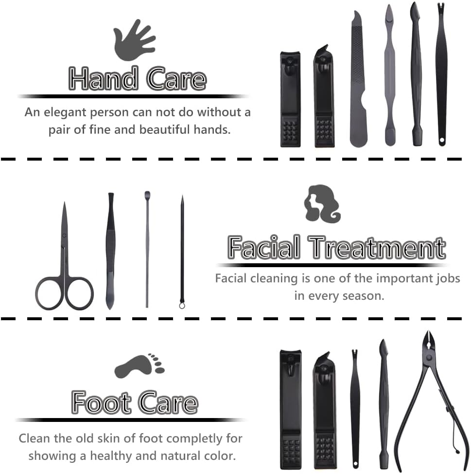 AYBUY Manicure Set, 12-Piece Pedicure Nail Clippers, Stainless Steel Care Tools with PU Leather Bag, Professional All-Round Hand Foot Care Kit for Men and Women (Black) image number 5