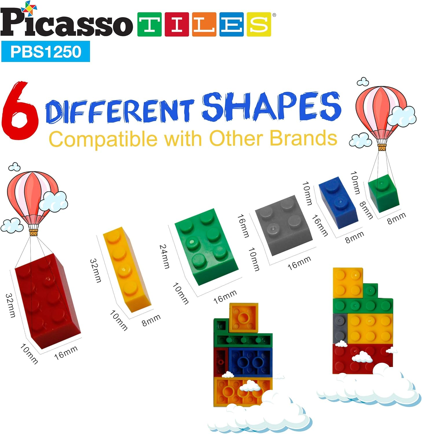 Picassotiles 1250 Piece STEM Creative Imaginative Color Vibrant Sensory Toy Mix & Match Brick Building Blocks Kit 11 6 Unique Shape Construction Block Playset Kids Boys & Girls Age 3+ image number 6