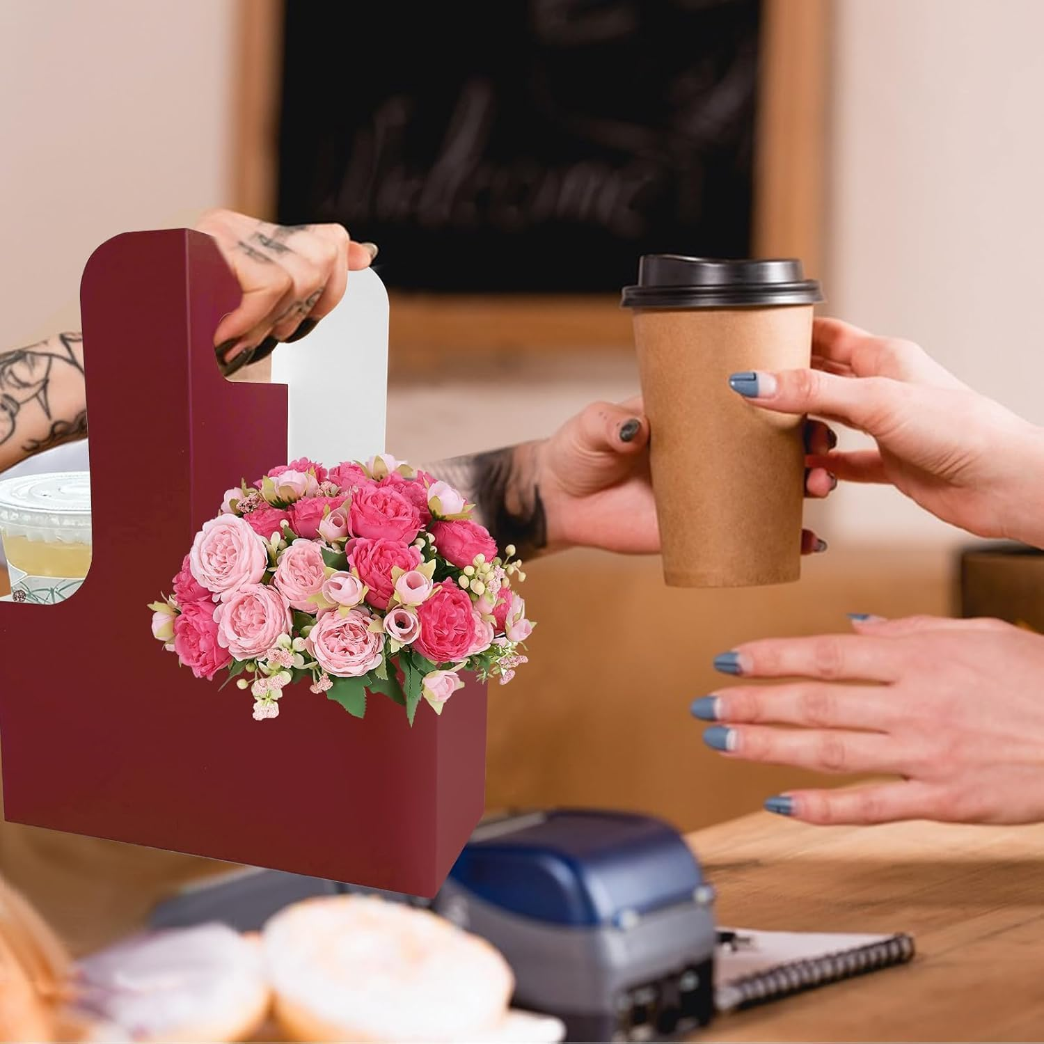 20 Paper Cup Holders, 2 Cardboard Cup Holders, Drink Carrier with Handle, Portable Foldable Cup Holder, Suitable for Hot or Cold Drinks, Coffee Carrier, Takeaway Cup Holder for Coffee and Drinks (Red) image number 6