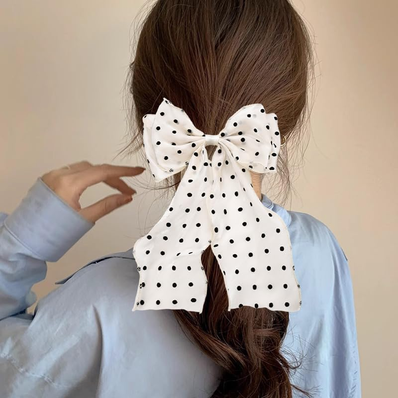 Hair Bow Clips for Women Girls French Barrette Hair Bows Polka Dot Hair Bow Tassel Ribbon Bowknot Hair Clips with Long Tail Vintage Hair Accessories for Women Mesh Bow Hair Clip image number 1