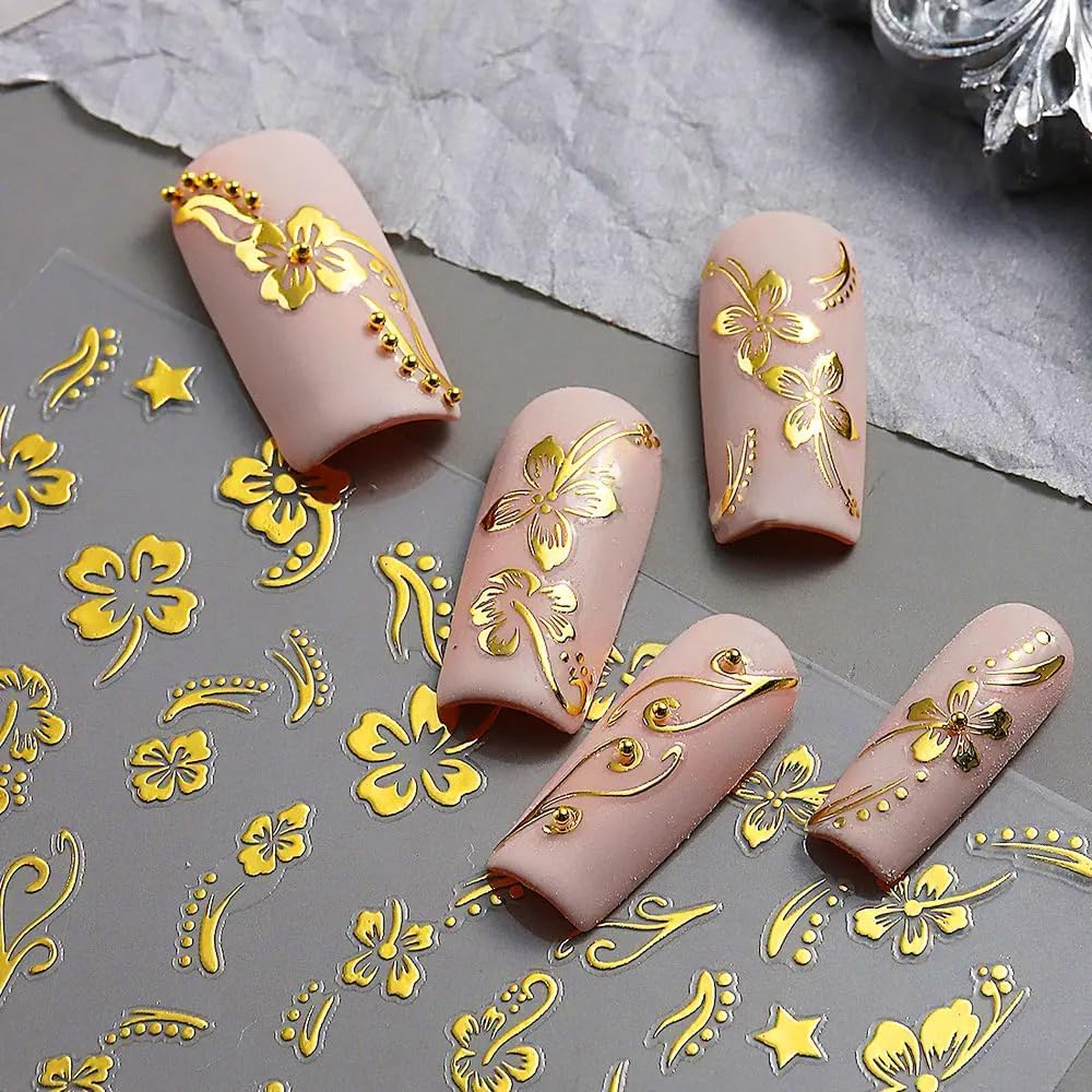 6Sheets Hibiscus Flowers Nail Stickers, 3D Self-Adhesive White Pink Gold Flower Pattern Nail Decals Manicure Tropical Accessories for Women Girls image number 1