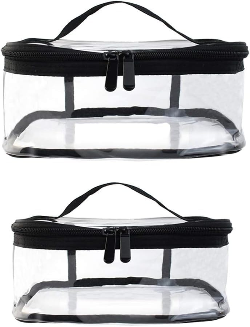 2 Pack Portable Clear Makeup Bag Zipper Waterproof Cosmetics Bag Transparent Travel Storage Carry Pouch PVC Zippered Toiletry Bag Organizers with Handle for Vacation Travel (Black, 23 * 17 * 11CM)