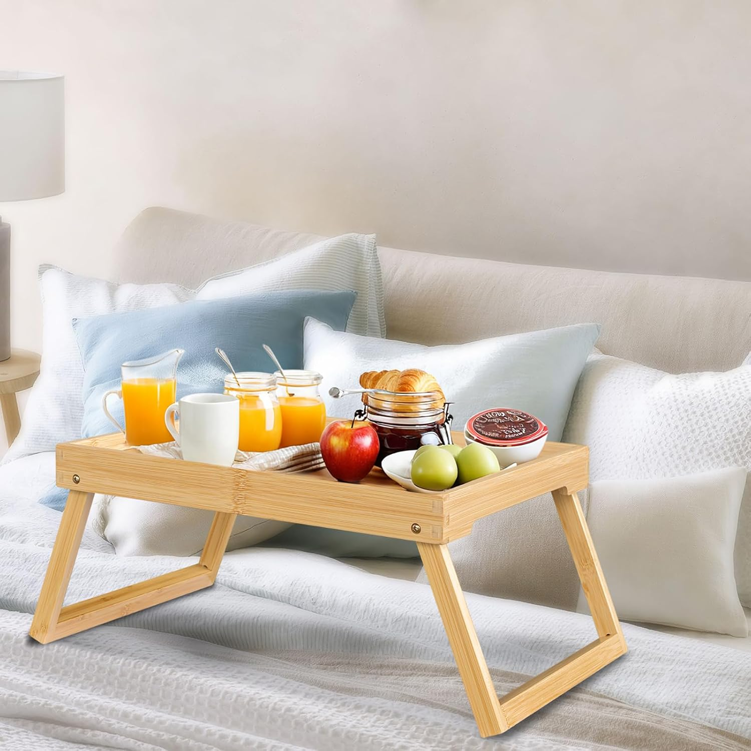 Bamboo Bed Tray Table with Folding Leg, Breakfast in Bed Tray for Eating, Kitchen Serving Tray, Sofa or Working, Laptop Desk Snack Tray in Bed (1, Beige)