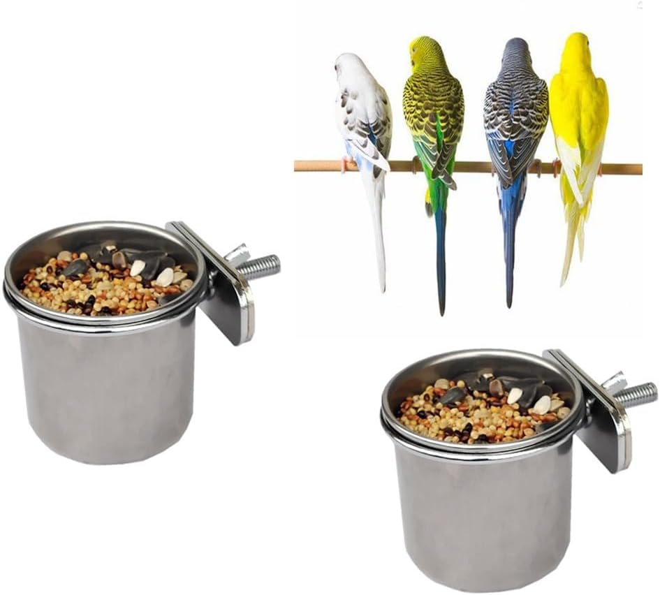 Bird Feeding Cups, Wanfoou 2 PCS Detachable Parrot Feeder, Stainless Steel Bird Feeding Dish Cups, Parrot Cage Food Water Feeder Bowls Cage Coop with Clamp Holder(5.5 * 5 Cm) image number 1