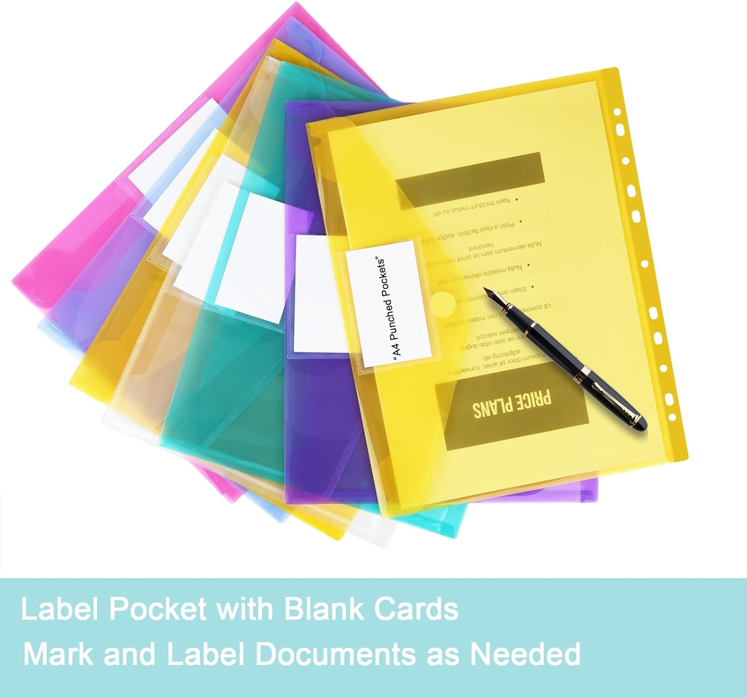 24Pcs 6 Colours Binder Pocket, Plastic Flipchart File Pockets, Envelope Binder Folders with 11 Holes and Tab Pockets and Velcro Buttons, Label Pockets for Schools Offices Homes image number 2