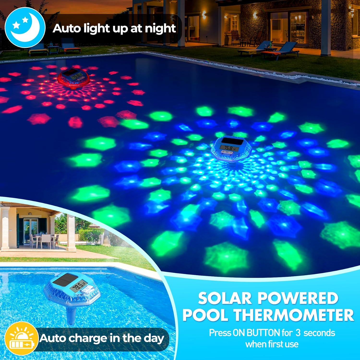 2025 Upgrade Digital Pool Thermometer Floating Easy Read, Solar Pool Thermometer with Dynamic Light Show, Large LCD Screen & IP68 Waterproof Pools Water Temperature Thermometers for Hot Tub image number 5