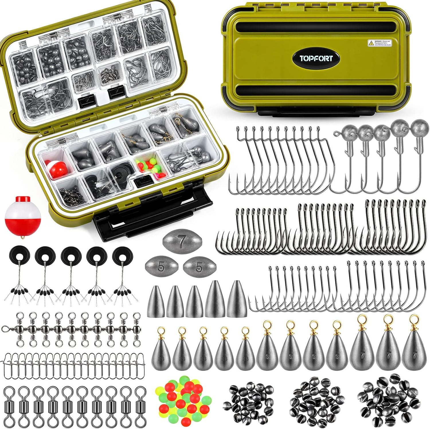TOPFORT 187/343Pcs Fishing Accessories Kit, Including Jig Hooks, Bullet Bass Casting Sinker Weights, Fishing Swivels Snaps, Sinker Slides, Fishing Set with Tackle Box image number 1