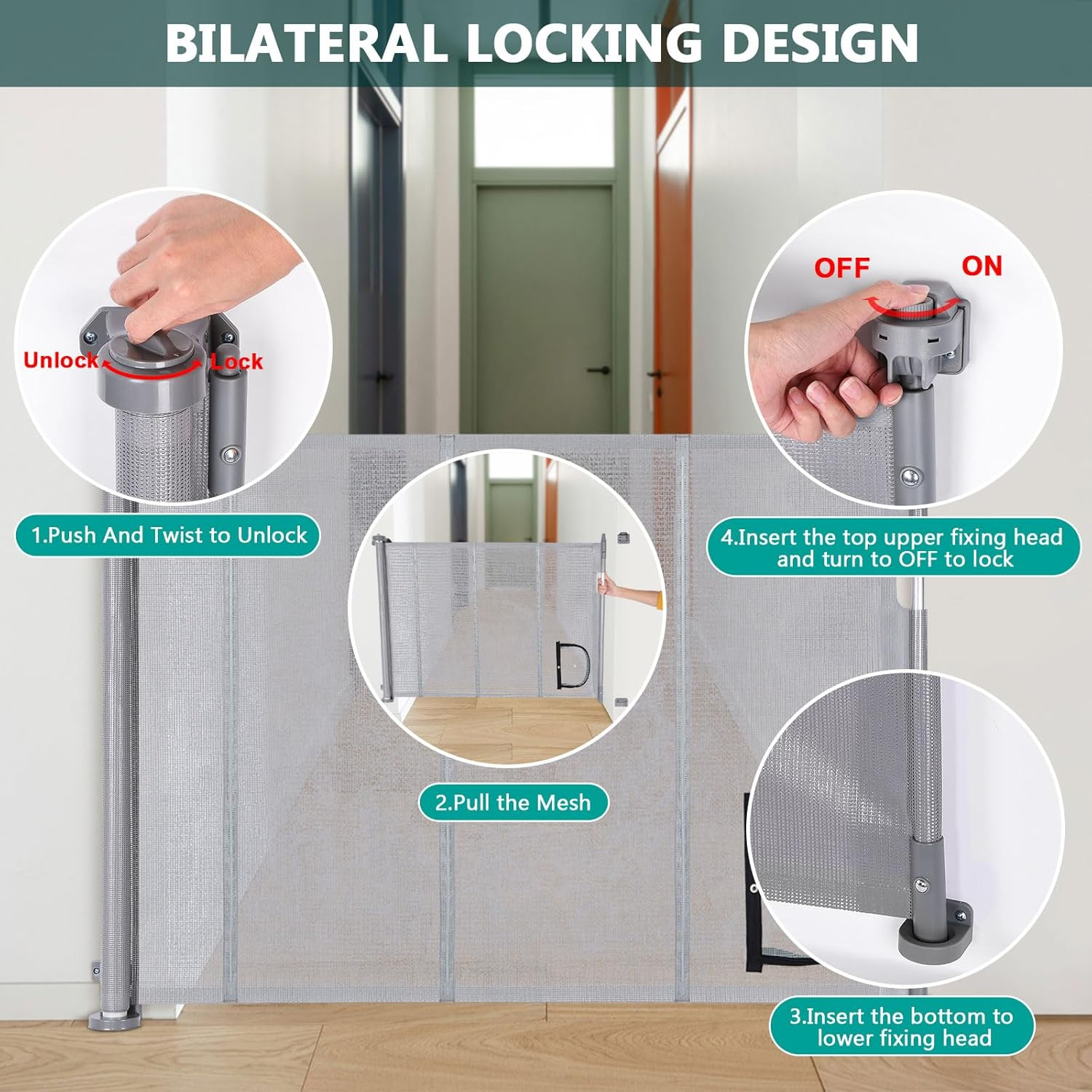 Ownpets Retractable Dog Gate with Cat Door 71 Inch Extra Wide Pet Gate, Retractable Gate for Cat/Puppy Dogs/Small Pet, Mesh Dog Gate for Stairs Doorways Hallways Indoor,Outdoor,Grey image number 6