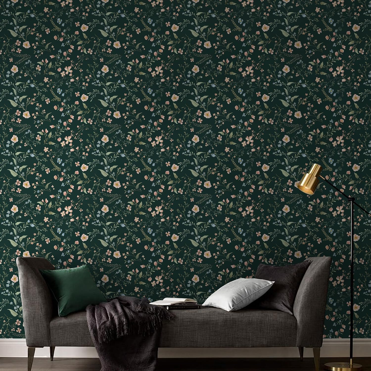 Eeecoming Floral Peel and Sick Wallpaper Vintage Wall Paper Green Contact Paper Flowers Removable Self Adhesive Wallpaper for Bedroom Bathroom Cabinets Vinyl Roll 17.3"X196.8"