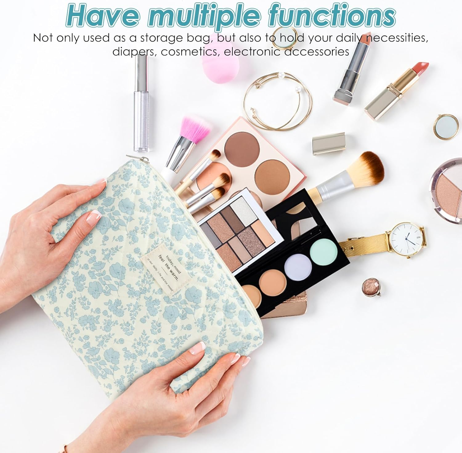 3 Pcs Makeup Bag Cotton Quilted Cosmetic Bag Cute Makeup Multifunctional Cosmetic Set for Women Girls Ladies(Wathet) - Pink image number 4