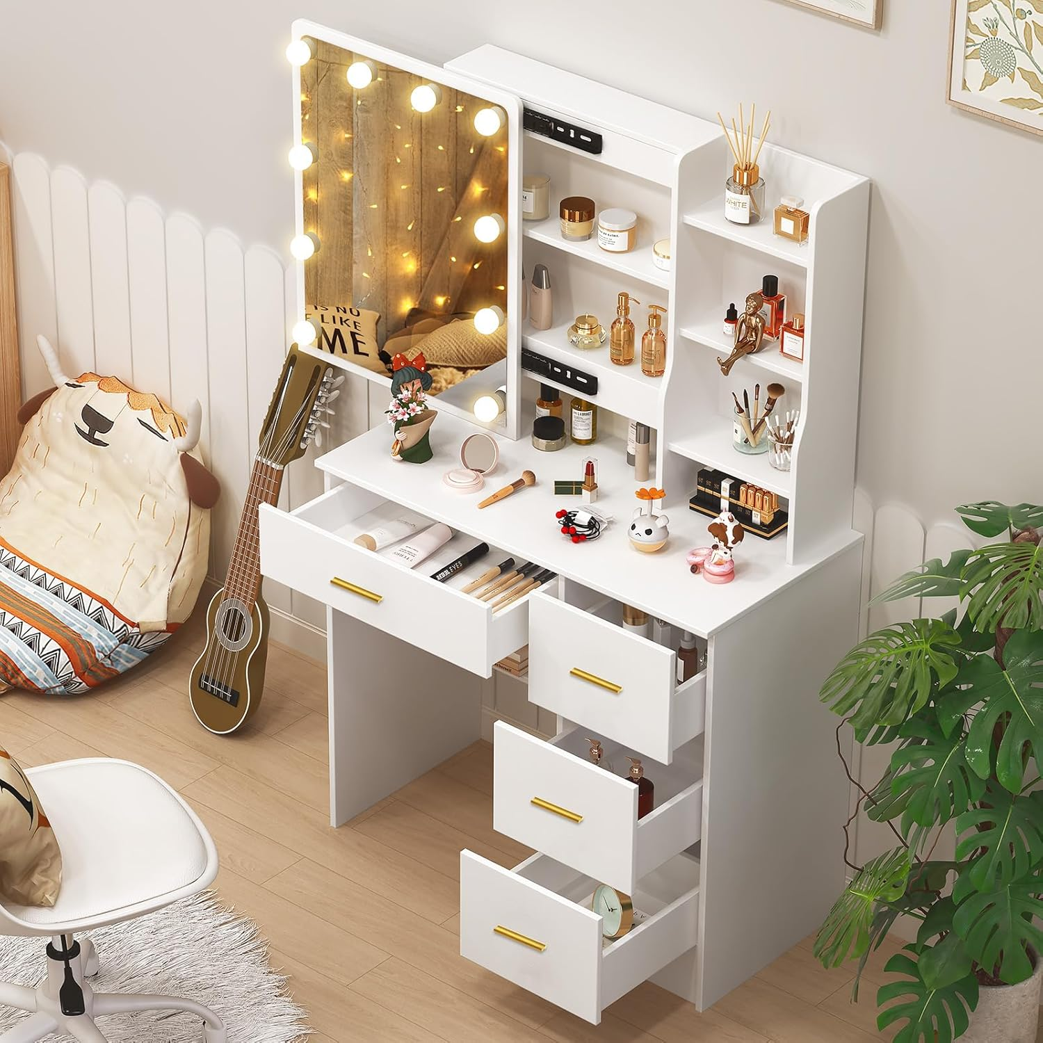 Makeup Vanity Desk with Lights, White Dressing Table with Sliding Lighted Mirror, Small Vanities Makeup Table with Storage 4 Drawers 7 Shelves, Teen Girls Vanity for Bedroom, Golden Knobs image number 4