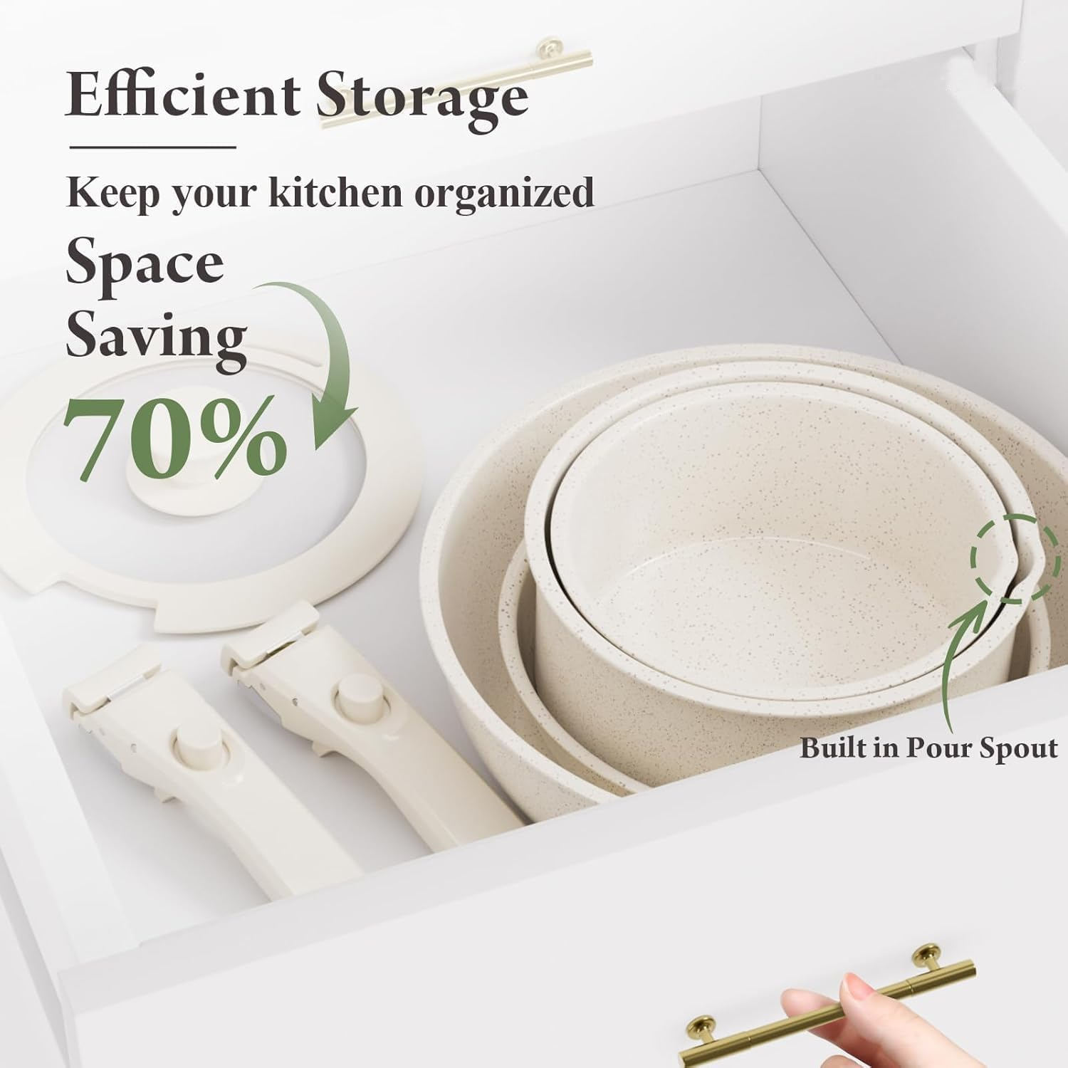 Nonstick Cookware Set, 17Pcs Pots and Pans Set Removable Handles, Induction RV Kitchen Set, Stain & Scratch-Resistant, Dishwasher/Oven Safe, PFAS/PFOA Free, Cream White image number 3