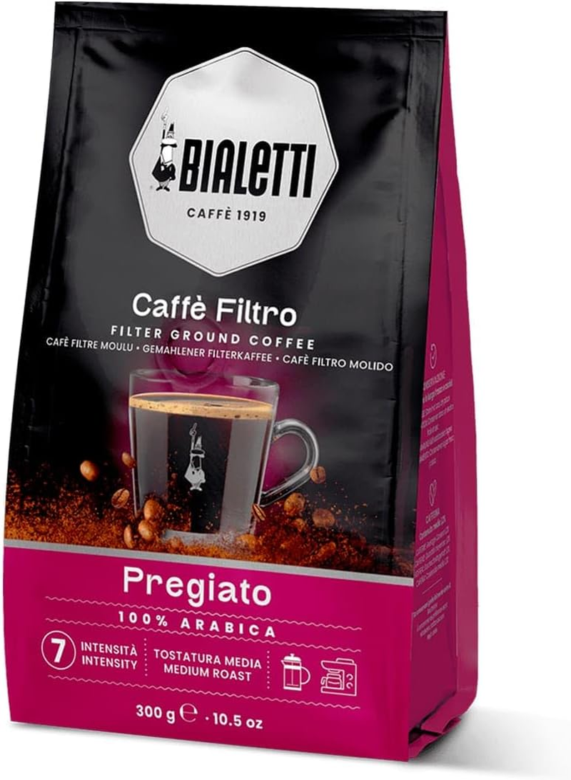 Bialetti - Caffe Filtro Ground Coffee for Coffee Press, 100% Arabica Blend, Medium Roast, Intensity 7, 300G, Bag with Flavour-Saving Valve