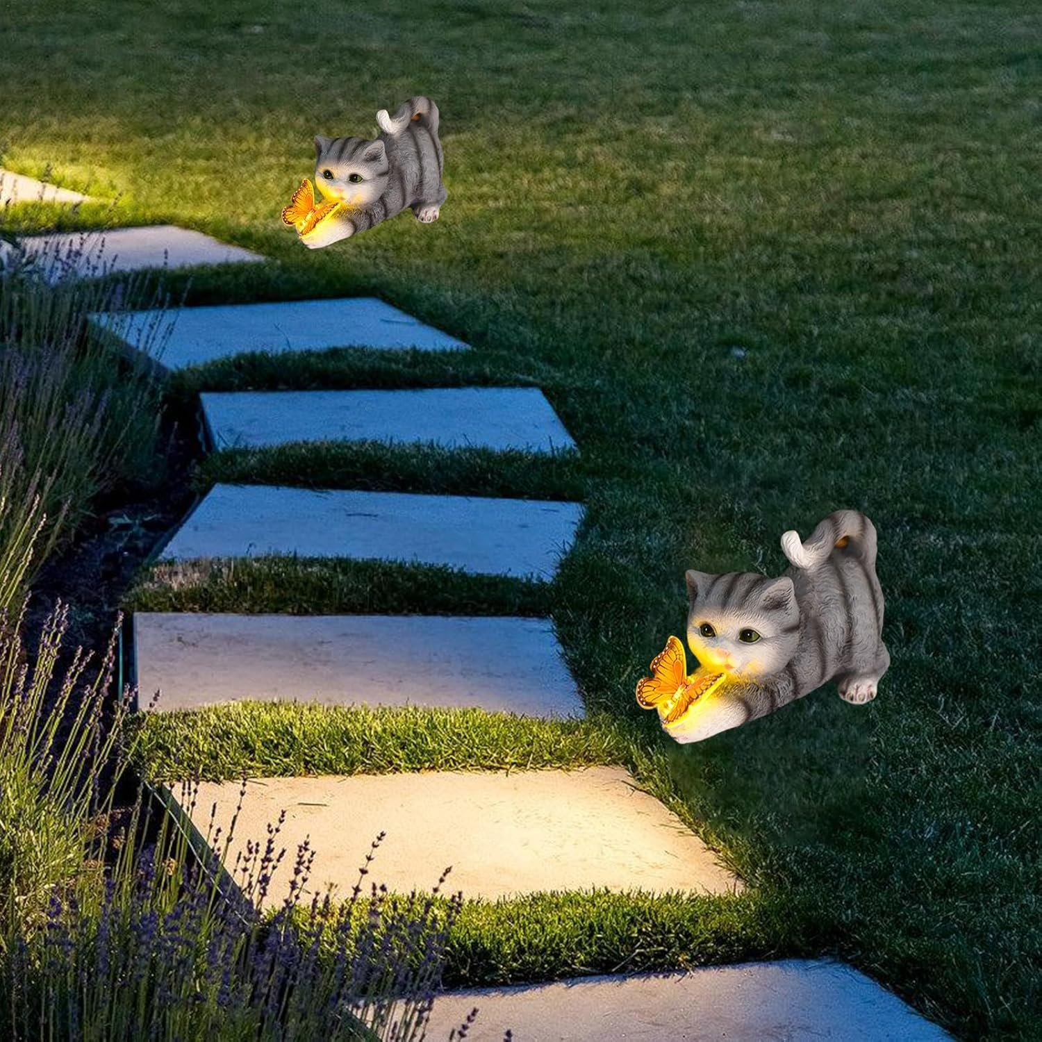 Solar Cat Statue | Cat Outdoor Solar Sculpture,Solar Garden Statue Cat Figurine, Resin Kitten Statue Playing Butterfly for Patio, Lawn, Yard Art Decoration image number 2