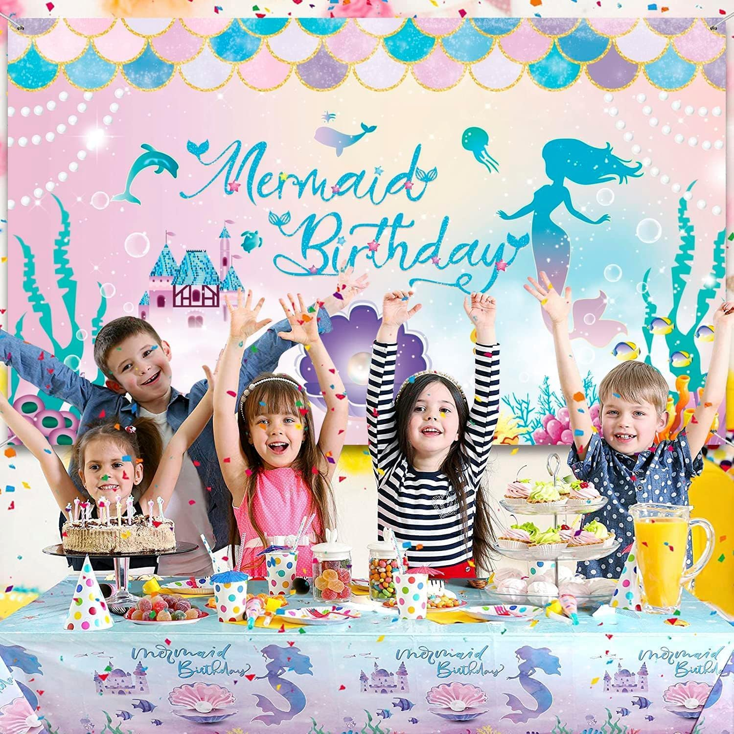 Stibest under the Sea Mermaid Birthday Party Backdrop Girl Princess Mermaid Scales Photo Booth Banner, Purple Blue, Polyester, 72.8 X 43.3 Inch image number 3