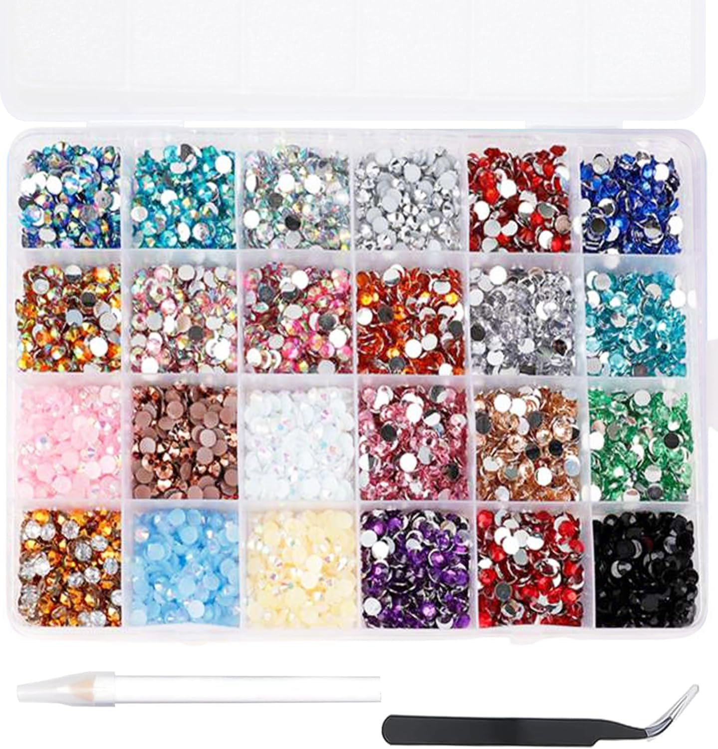 6000Pcs Nail Art Rhinestones, Betterjonny 24 Colors 5Mm round Nail Flatback Rainbow Gems Set with Tweezers and Pencil AB Glitter Flat-Bottomed Rhinestone for Crafts Decoration and Jewelry Making