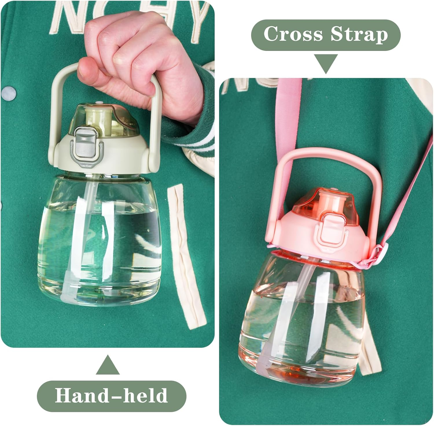 YOBOKO 1.1L Large Water Bottle Lovely Wide Mouth Drink Bottle with Handle Leak Proof Big Bottle with Straw and Adjustable Strap for Camping Cycling Gym Sports 1 PC (Purple) - Green image number 7