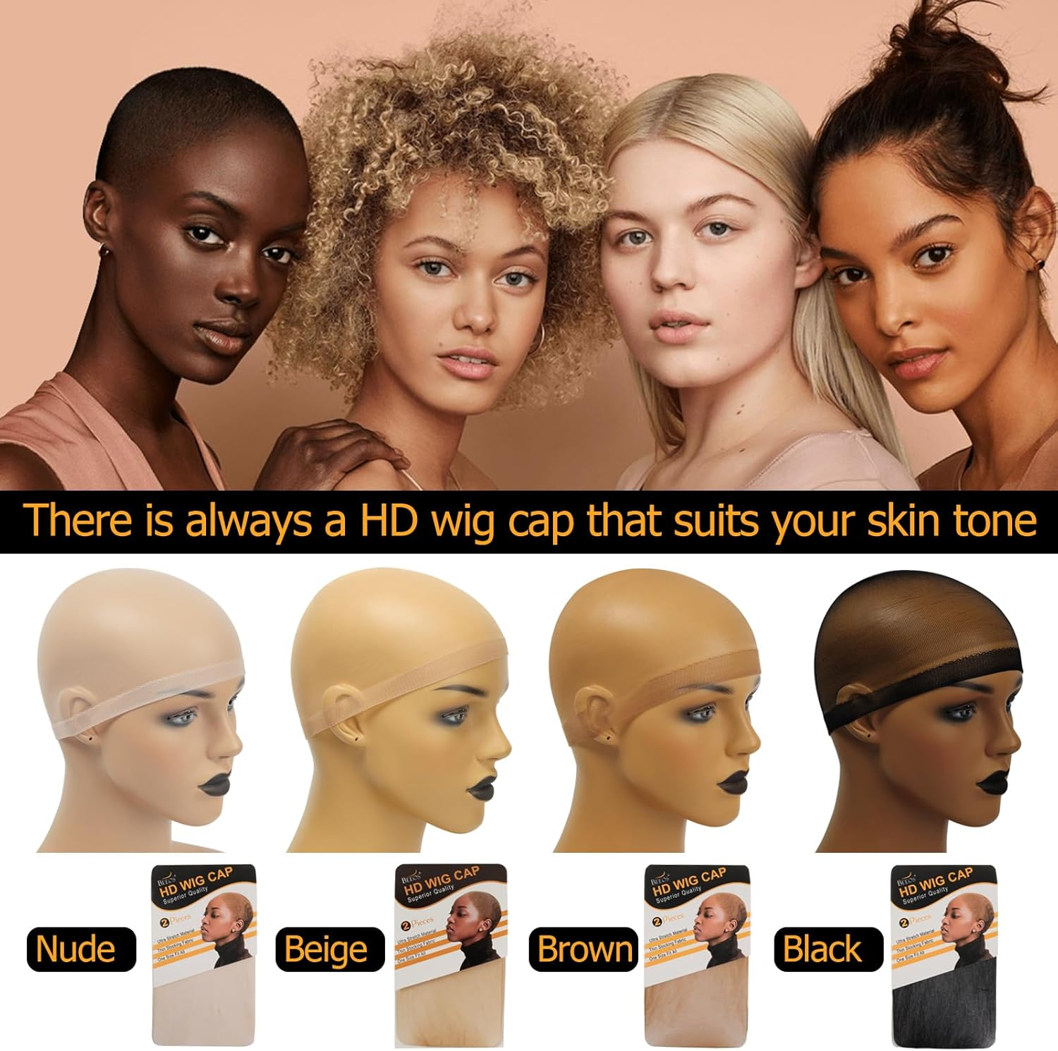 BEEOS Dark Brown Skinlike HD Wig Cap for Women, 4 Pieces Invisible Ultra-Thin Stretchy Stocking Caps for Lace Front Wigs image number 6