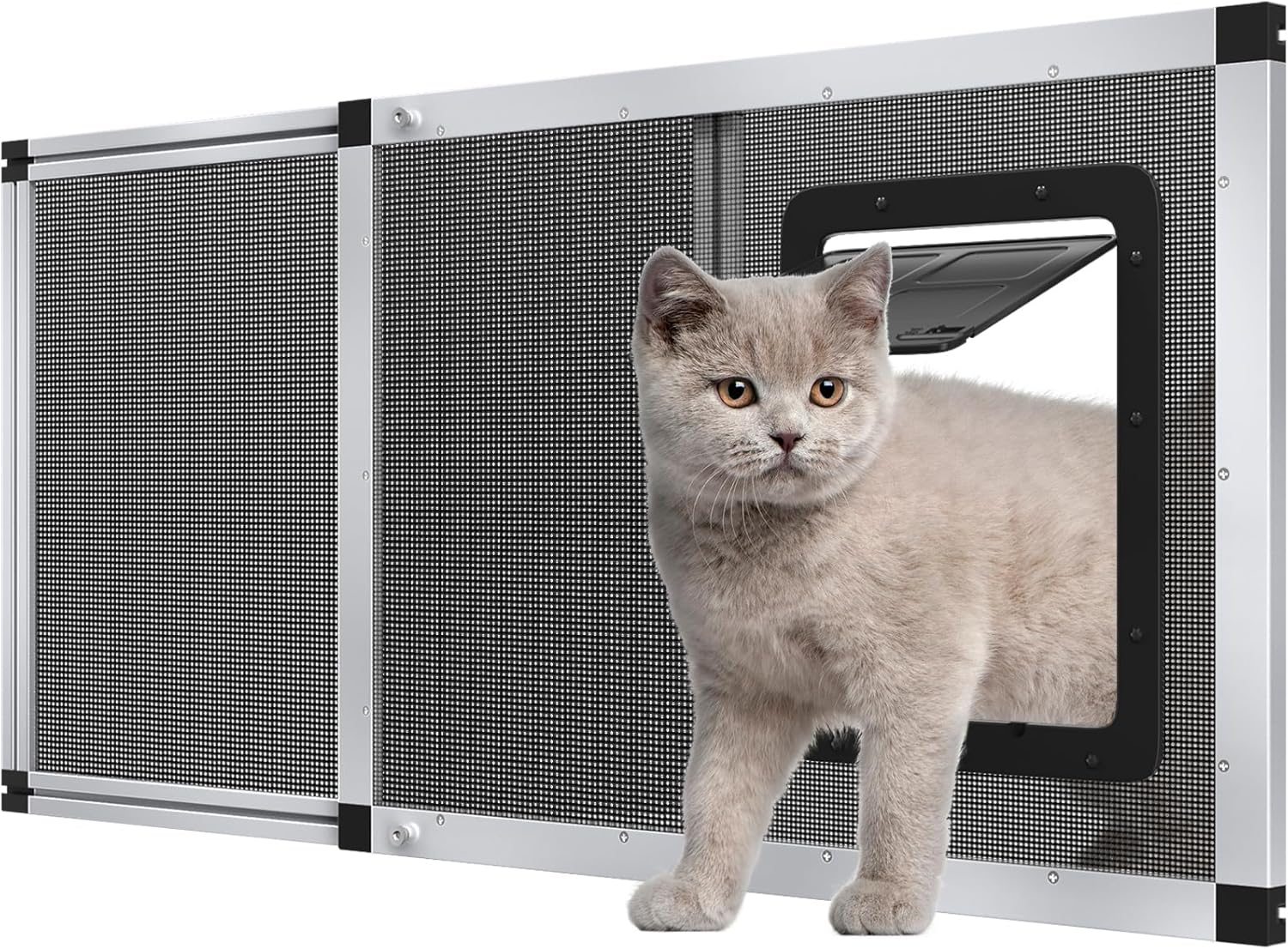 Adjustable Aluminum Pet Door for Window 31.7"-39.3" Wide, 4-Way Lock & Magnetic Closure Window Cat Door,No-Tool Cat Window Door Insert,Cat Door for Window with Steel Alloy Screen,Ventilation Bug-Proof