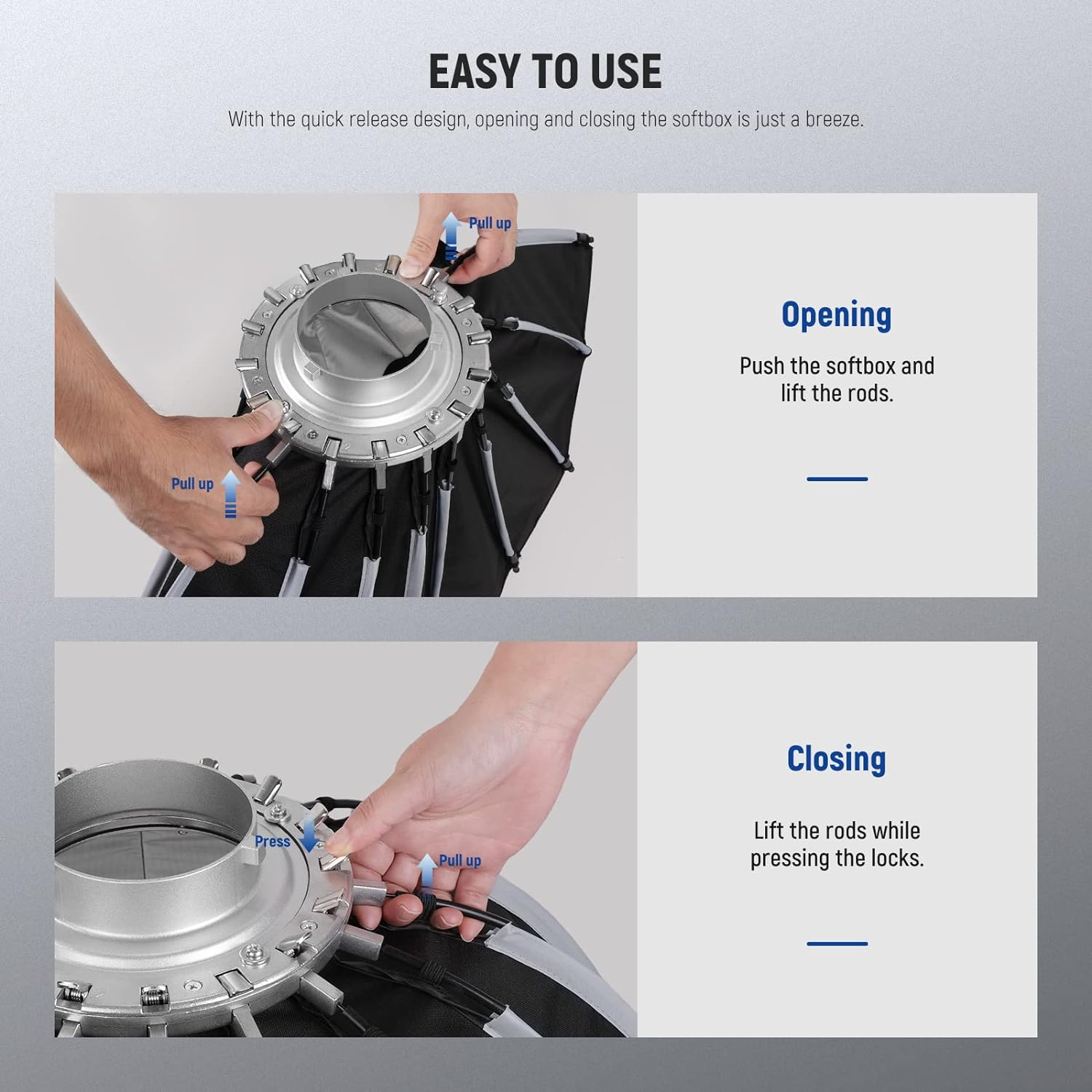 NEEWER 33Inch/85Cm Parabolic Softbox Quick Set up Quick Folding, with Diffusers/Honeycomb Grid/Bag, Compatible with Aputure 120D Light Dome Godox Sl60W NEEWER RGB CB60 and Other Bowens Mount Lights image number 6