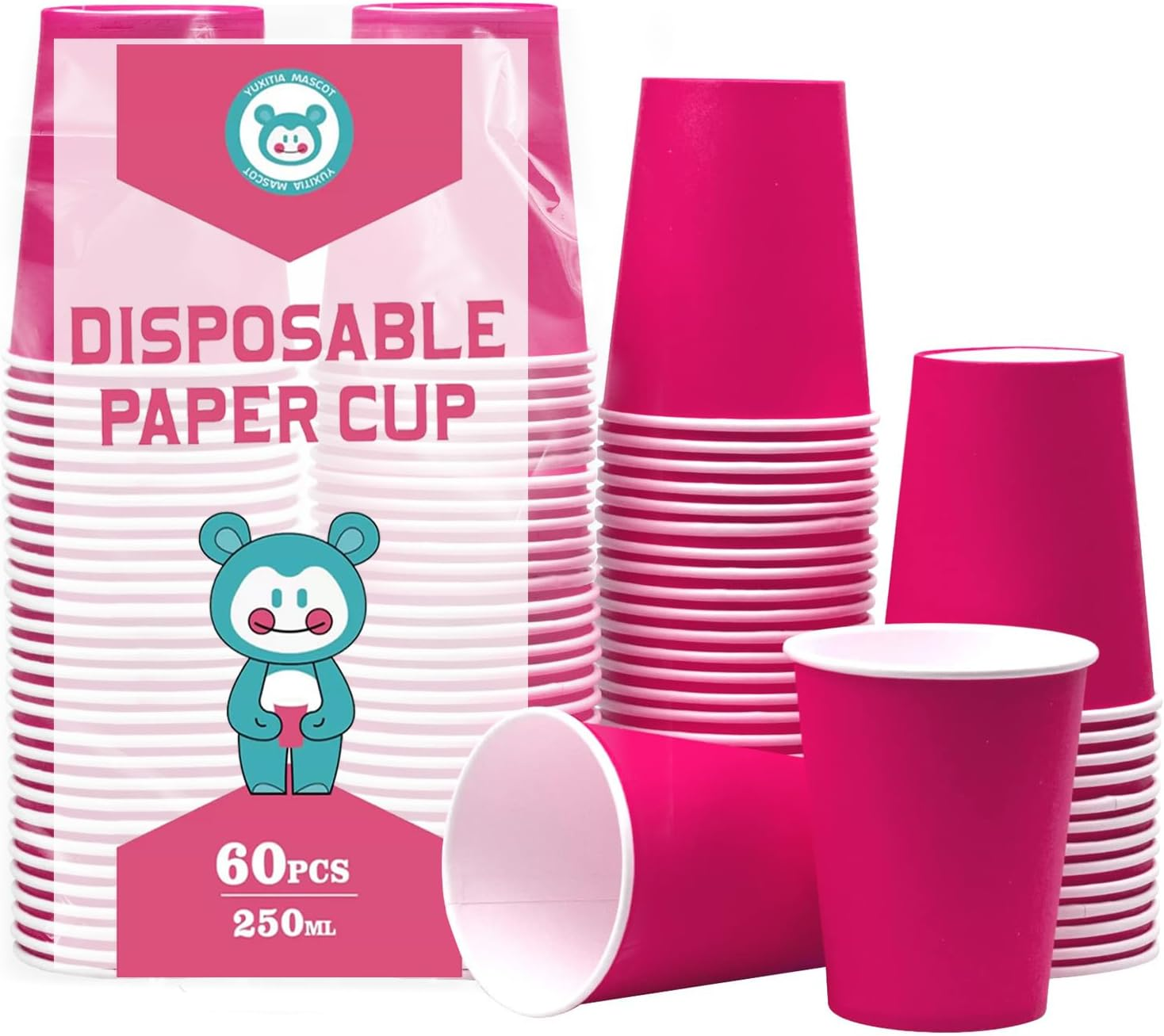Disposable Paper Cups, 60Pcs Pink Paper Cups for DIY Wedding Party Picnic BBQ Travel and Event 8OZ (Hot Pink)