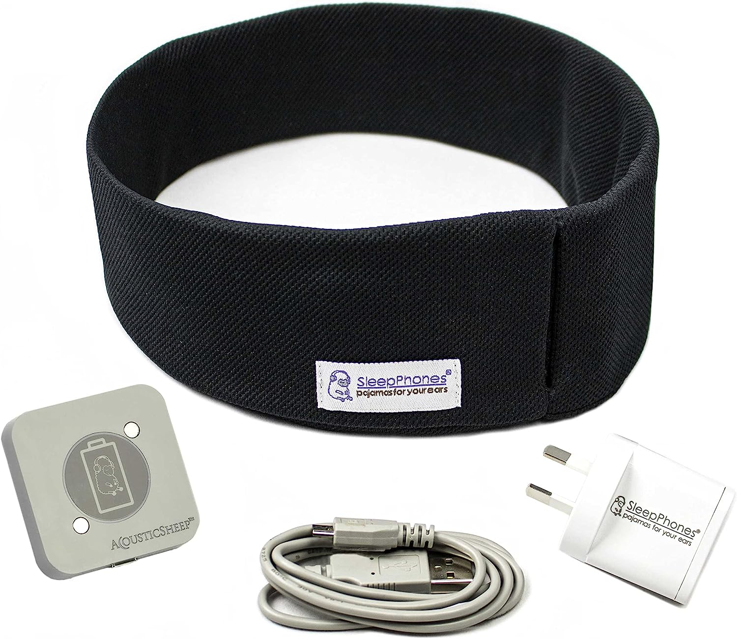 Sleepphones Effortless V8 Sleep Headphones by Acousticsheep | 24-Hour Battery | Original Comfortable Bluetooth Headphones with Wireless Induction Charging (Medium, Midnight Black Fleece, AU Wall Plug)